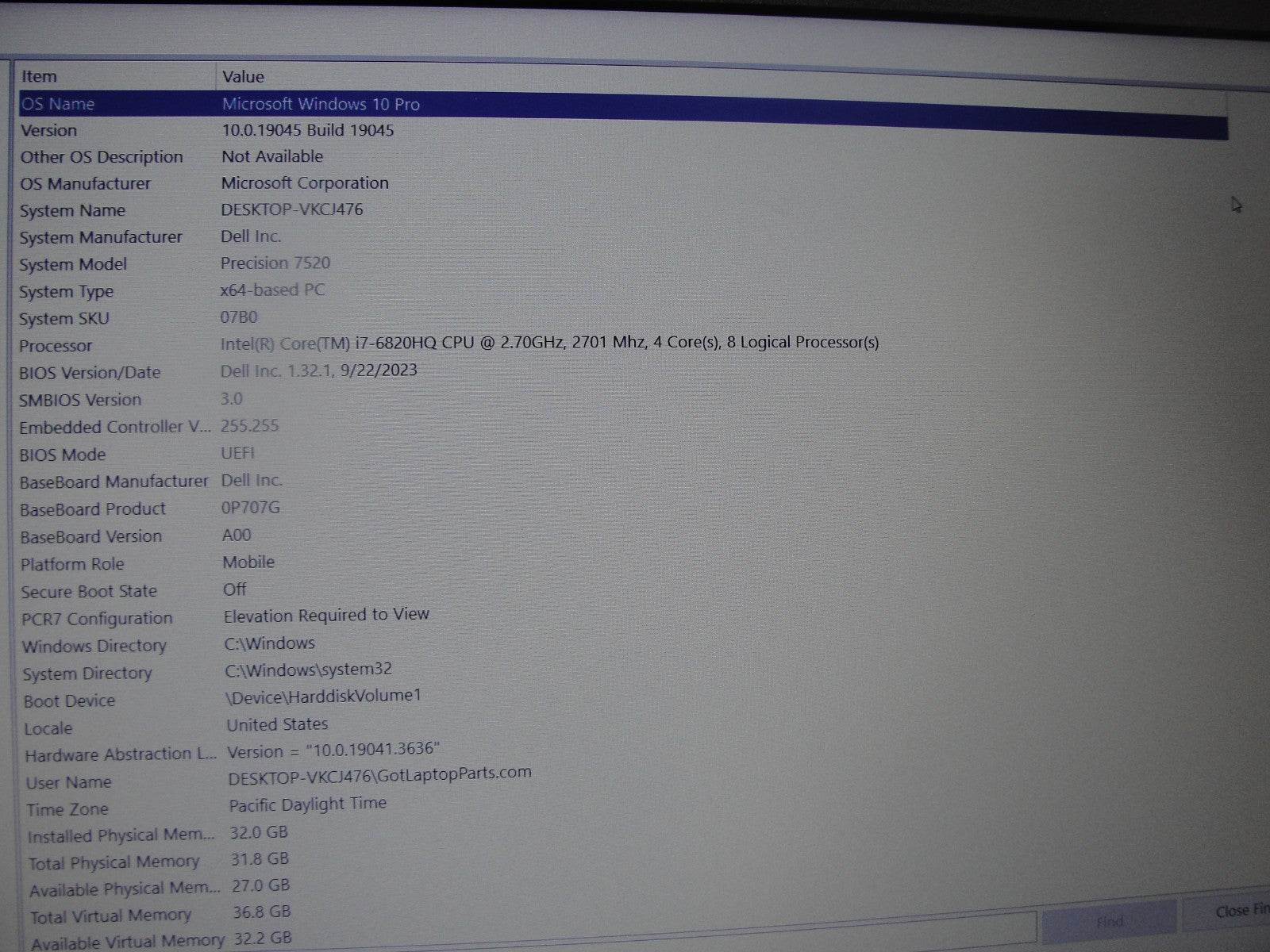 Dell Precision 7520 15.6”FHD i7 6th 2.7GHz 32GB SSD Reset 512GB NV Quadro M2200 - Tested Computer Laptop Parts