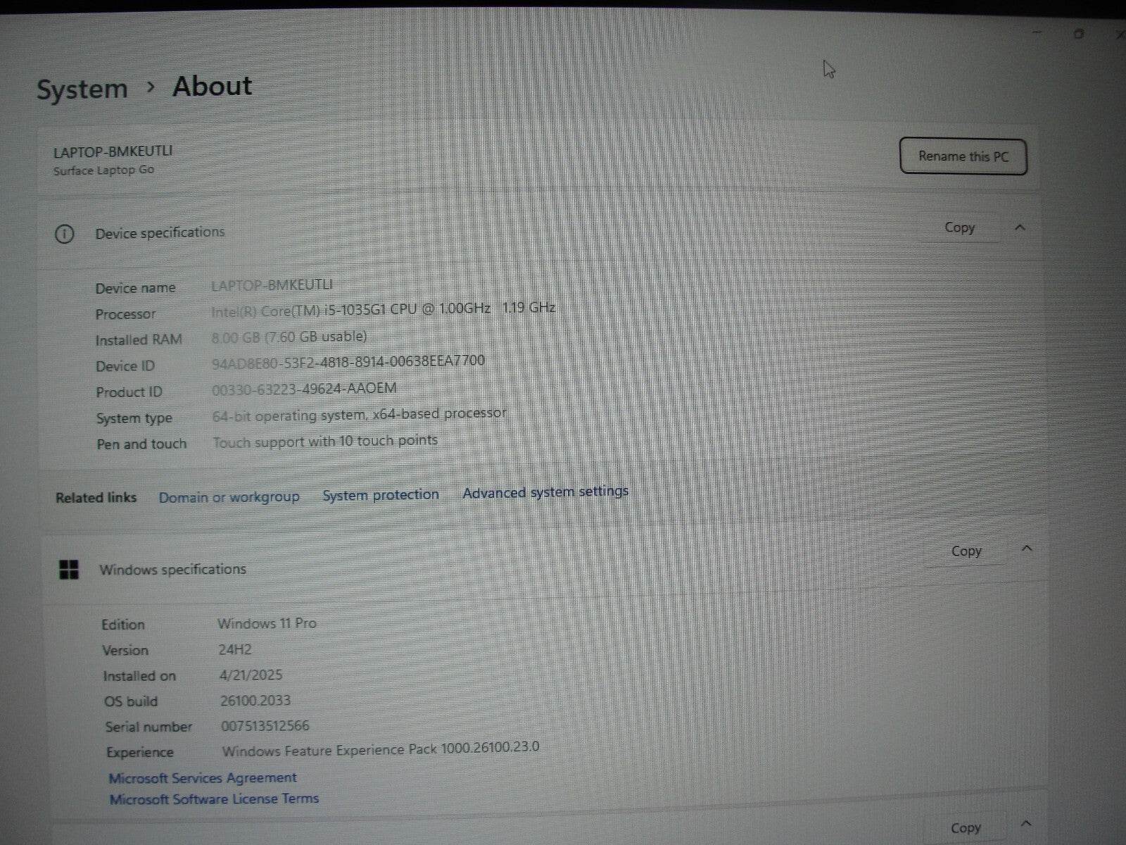 Microsoft Surface laptop Go 1943 12.4” TOUCH HD i5-1035G1 1GHz 8GB 128GB SSD - Tested Computer Laptop Parts