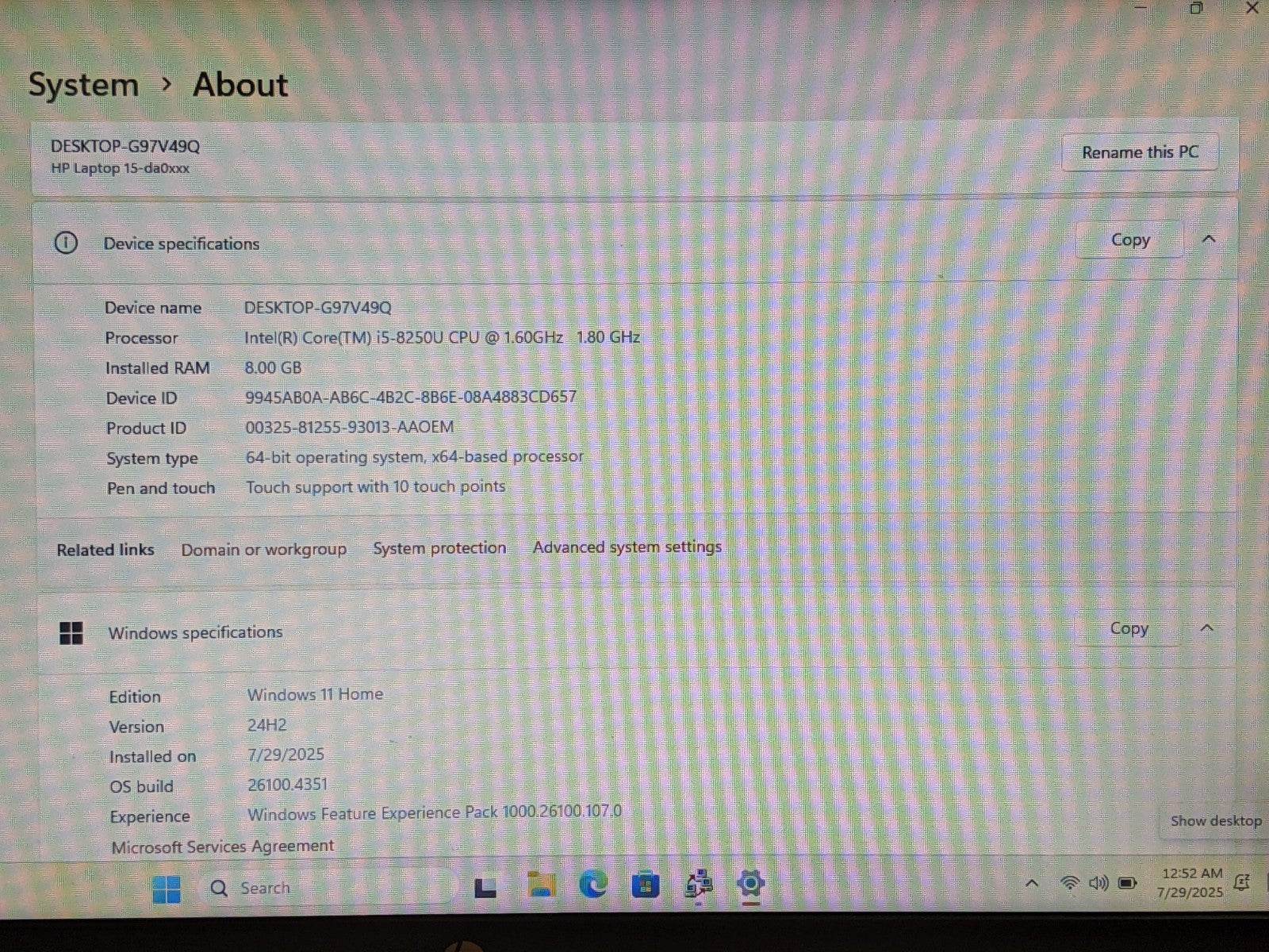 HP 15-DA0002DX 15.6 HD TOUCH i5-8250U 1.6GHz 8GB 512GB SSD W11H 88%Batt +Charger - Tested Computer Laptop Parts