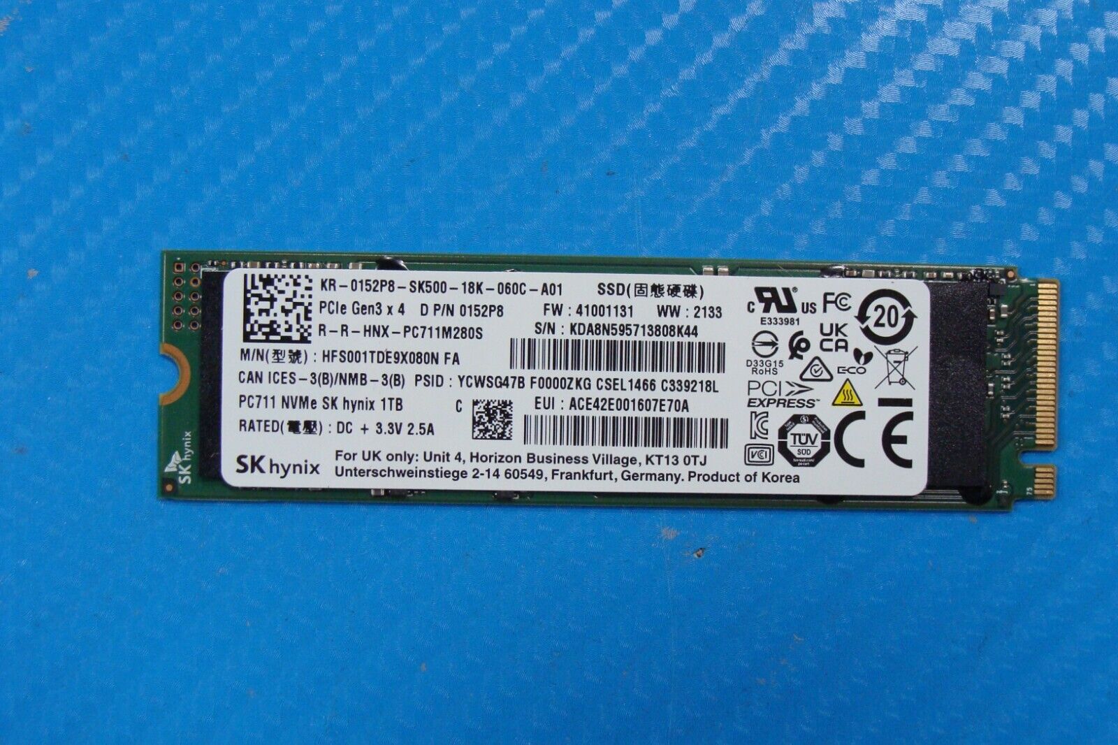 Dell 15 9510 SK Hynix 1TB M.2 NVMe SSD Solid State Drive HFS001TDE9X080N 152P8