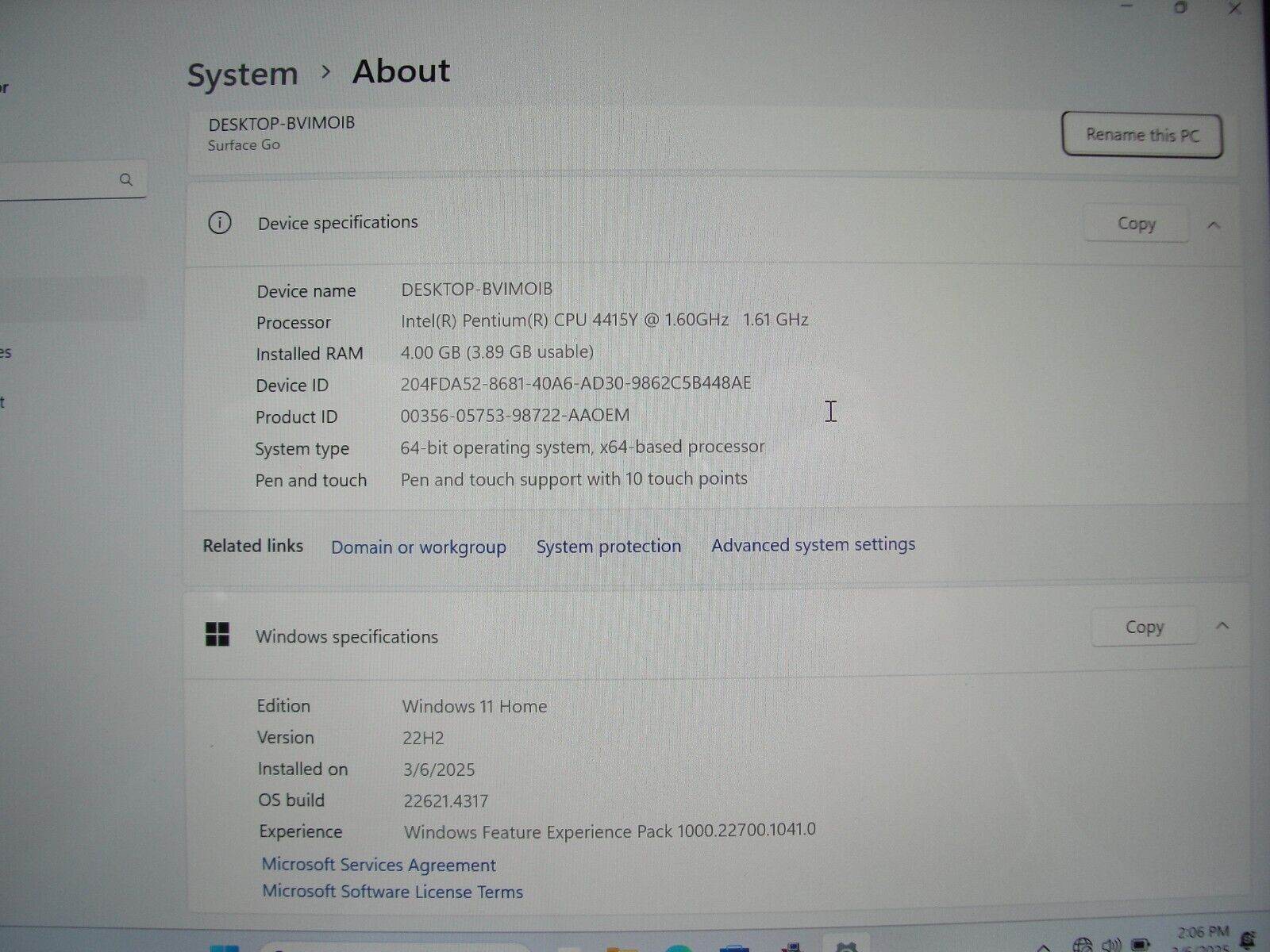 Microsoft Surface Go 1824 10”HD+ Intel Pentium 4415Y 1.6GHz 4GB SSD Reset 128GB - Tested Computer Laptop Parts