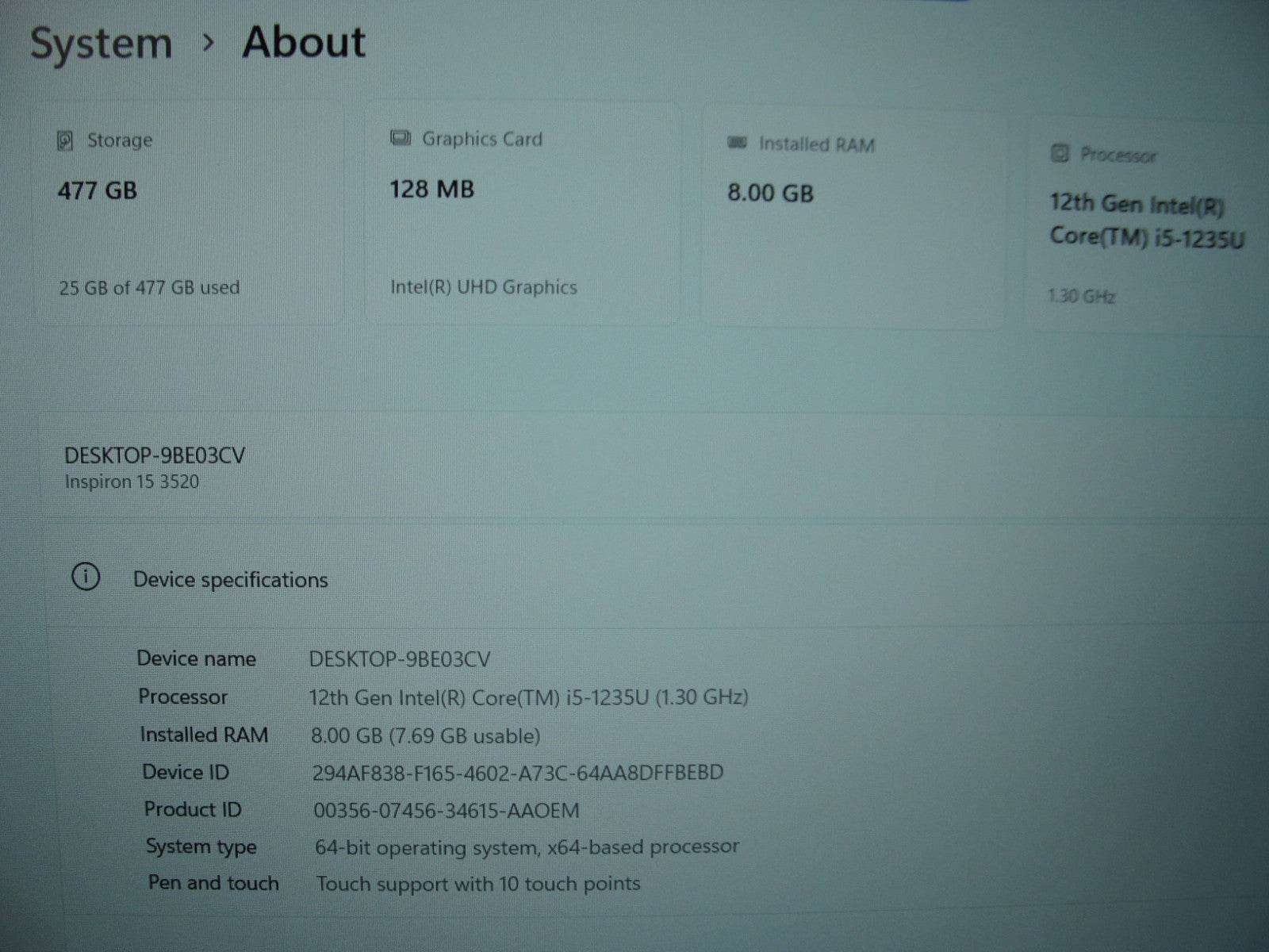 Dell Inspiron 3520 15.6” FHD TOUCH i5-1235U 1.3GHz 8GB 512GB SSD Win11Home - Tested Computer Laptop Parts