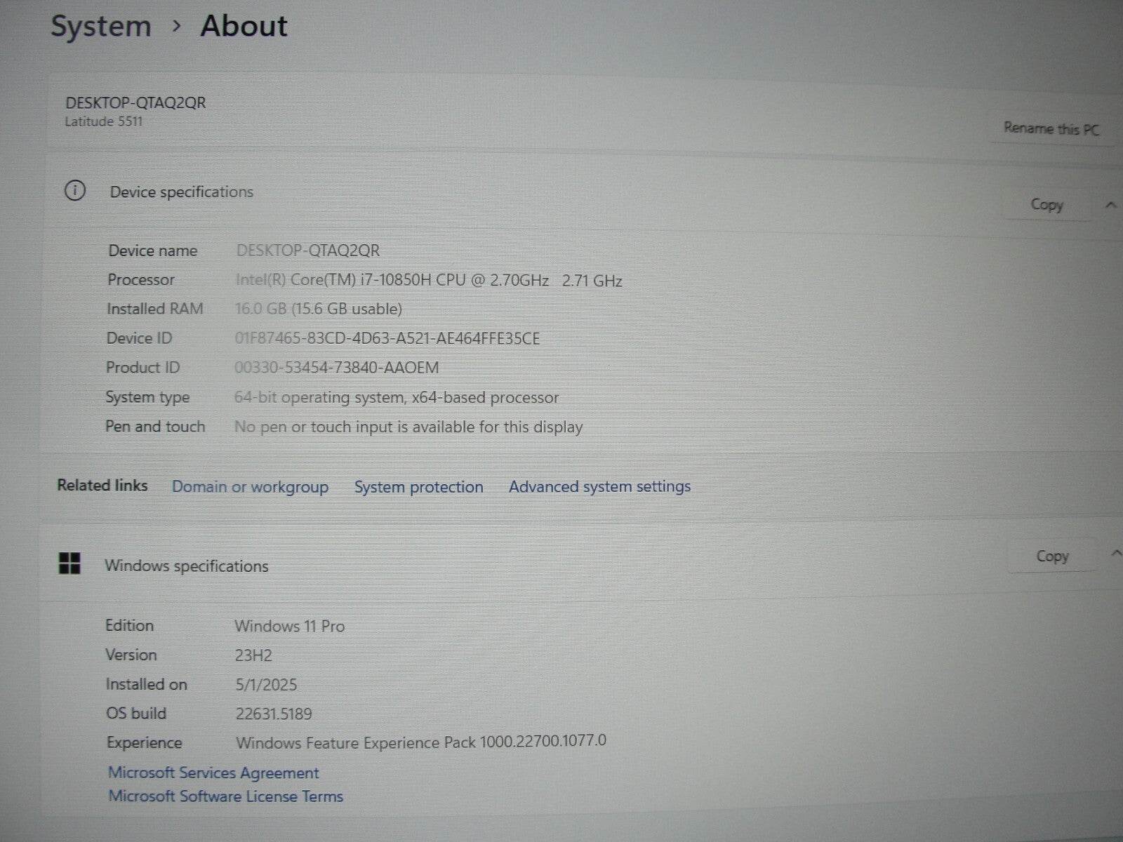 Dell Latitude 5511 15.6”FHD Intel Core i7-10850H 2.7GHz 16GB 256GB SSD - Tested Computer Laptop Parts