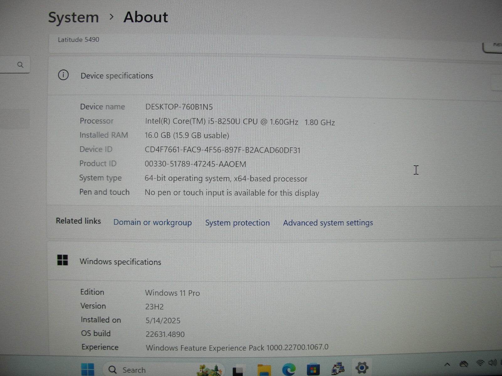 Dell Latitude 5490 14” FHD Intel Core i5-8250U 1.7GHz 16GB 256GB SSD - Tested Computer Laptop Parts