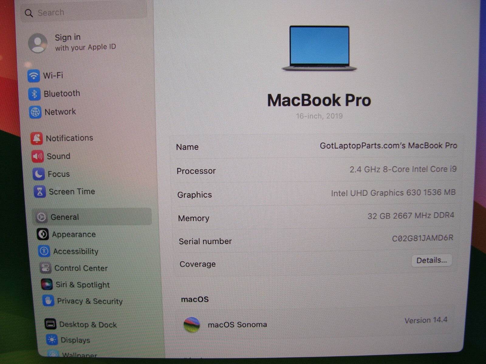 Apple MacBook Pro A2141 2019 i9-9980HK 2.4GHz 32GB 512GB Pro 5300M Excel Battery - Tested Computer Laptop Parts