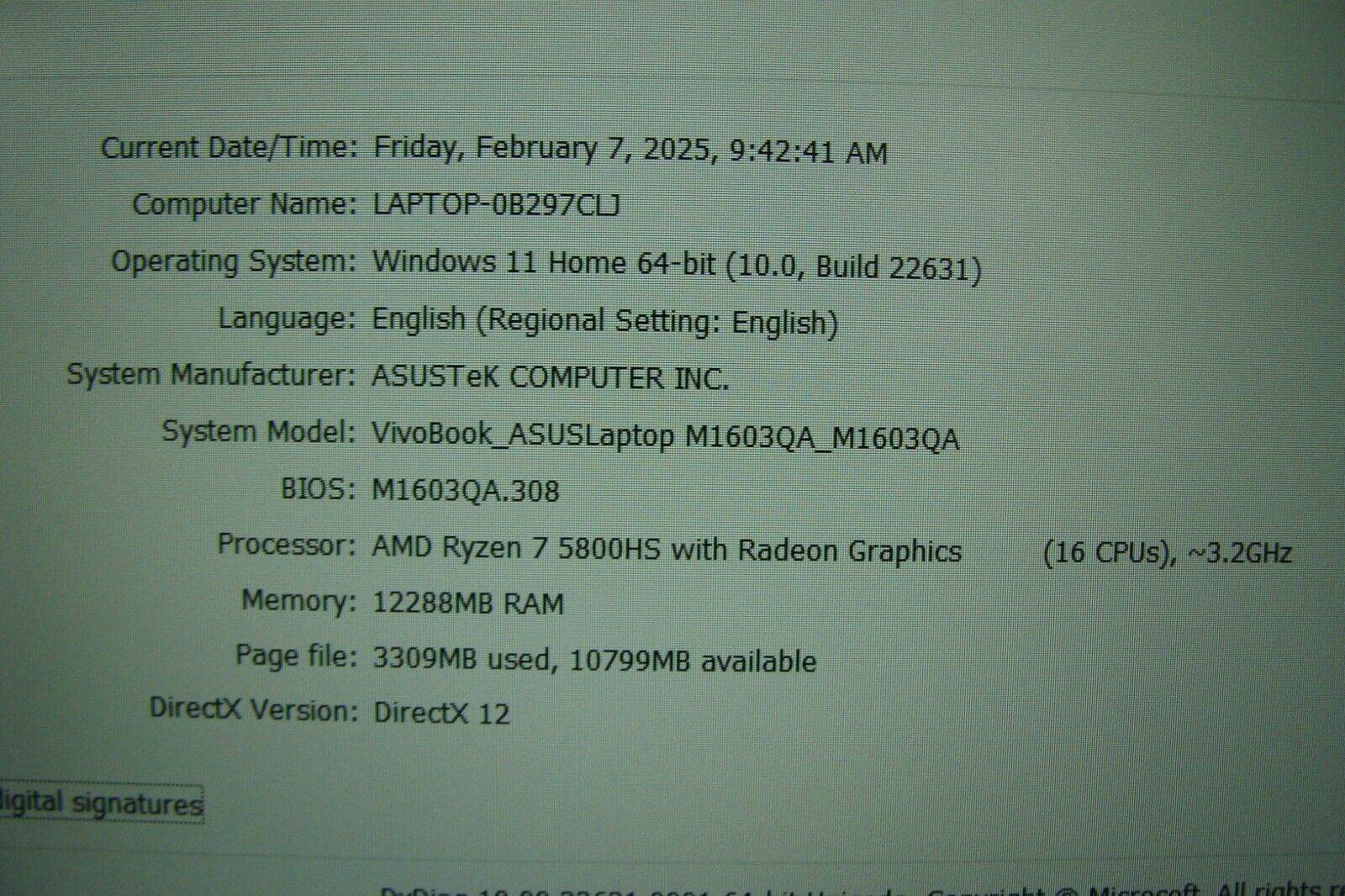 ASUS VivoBook M1603QA 16”FHD+ AMD Ryzen 7 5800HS 3.2GHz 12GB 512GB Win 11 Home - Tested Computer Laptop Parts