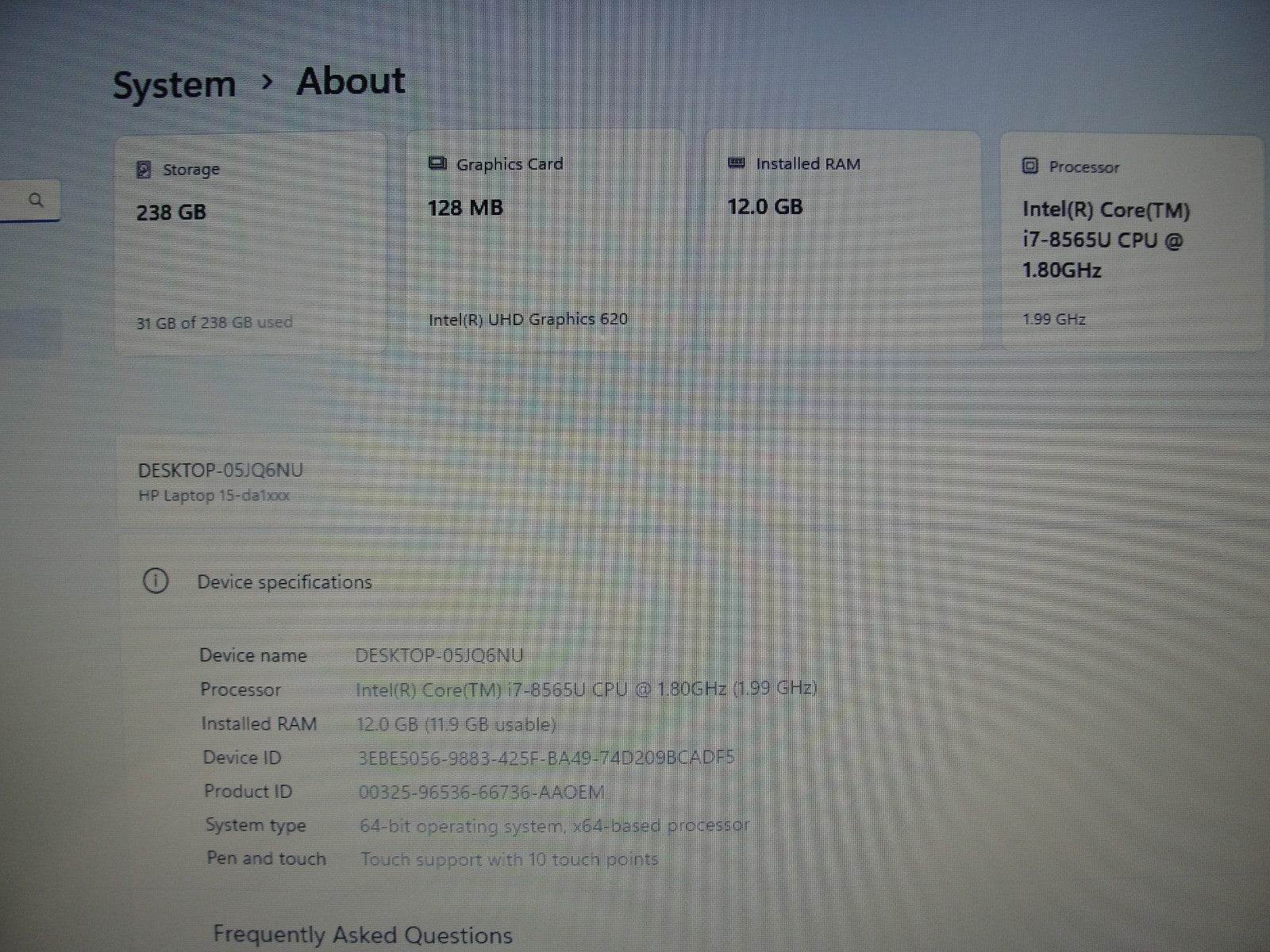 HP 15-DA1005DX 14”HD TOUCH 1.8GHz 12GB SSD Reset 256GB+Charger - Tested Computer Laptop Parts