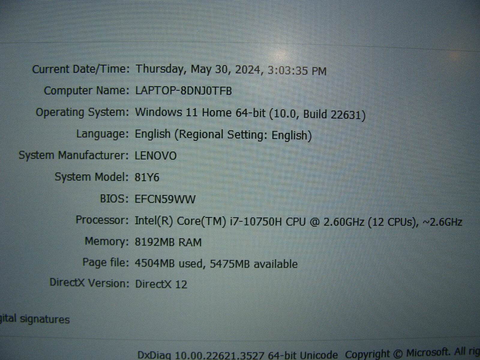 Lenovo Legion 5-15IMH05H 15.6” FHD 120hz i7-10750H 2.6GHz 8GB 512GB GTX1660 Ti - Tested Computer Laptop Parts