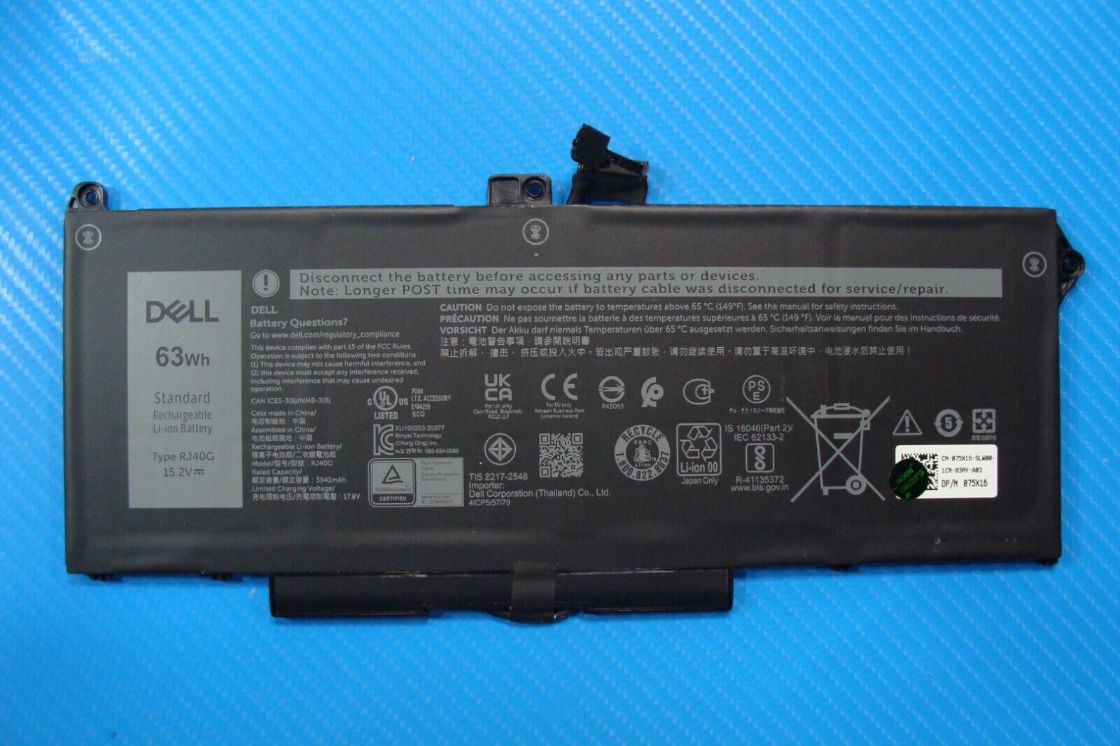 Dell Latitude 14” 5420 Genuine Battery 15.2V 63Wh 3941mAh RJ40G 75X16 Excellent