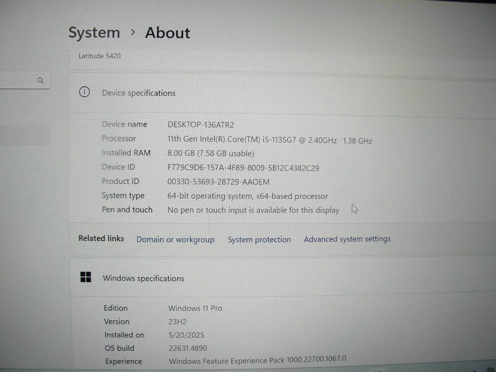 Dell Latitude 5420 14”FHD Intel Core i5-1135G7 2.4GHz 8GB 256GB SSD + Charger - Tested Computer Laptop Parts