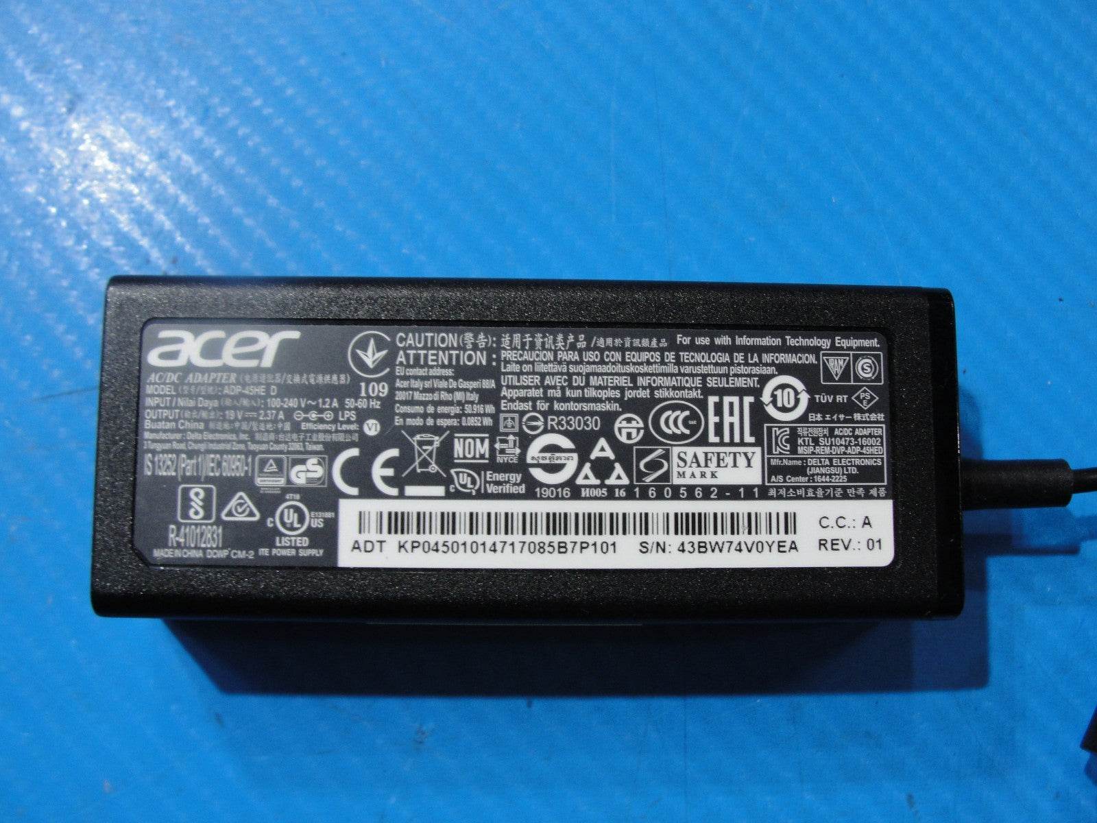 Genuine Acer 45W AC Adapter Charger – 19V 2.37A – 5.5mm × 1.7mm Black Tip - Tested Computer Laptop Parts