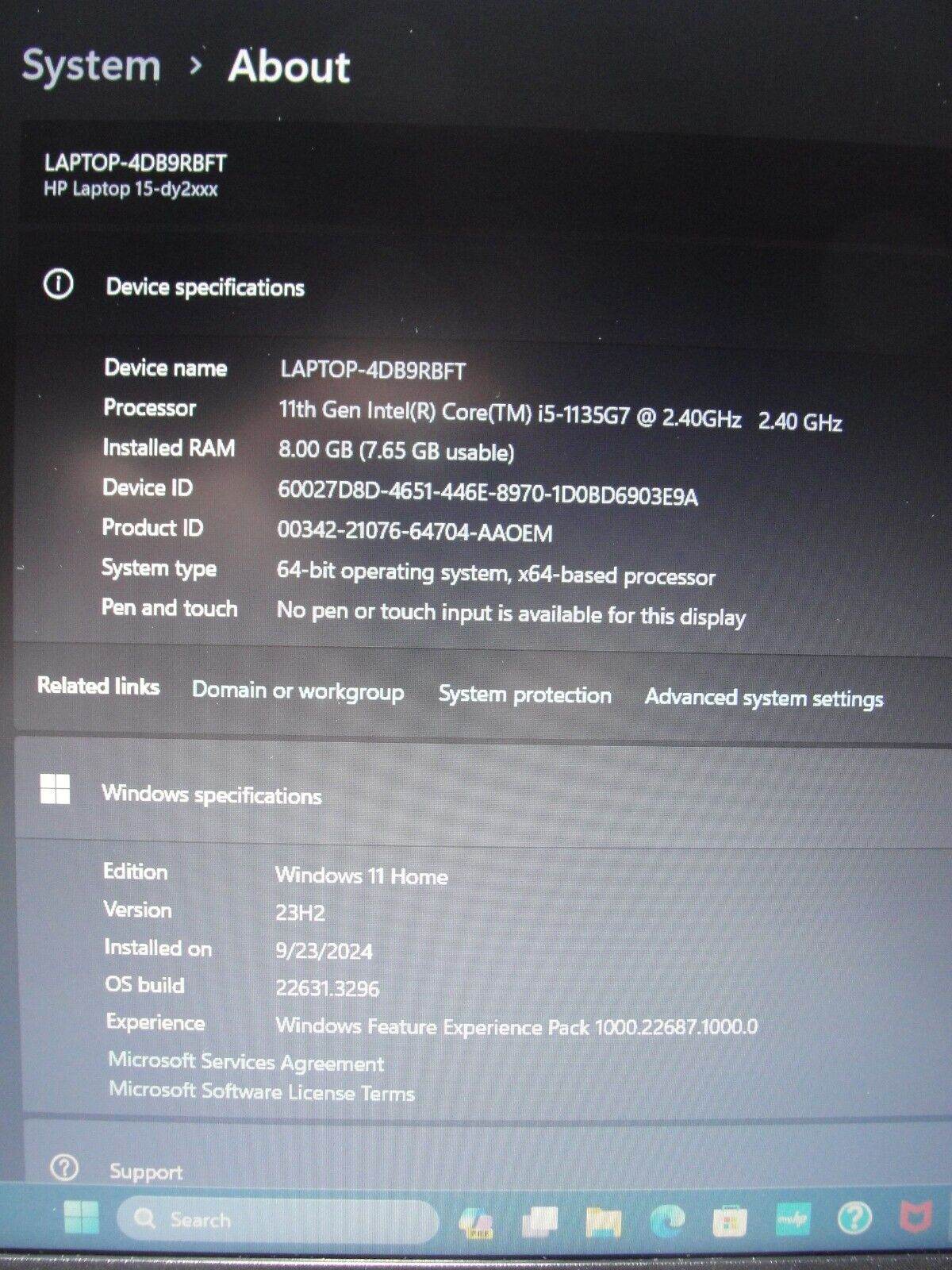 HP 15-DY2152WM i5 11th Gen 2.4GHz 8GB 512GB SSD Battery 100% + Original Charger - Tested Computer Laptop Parts