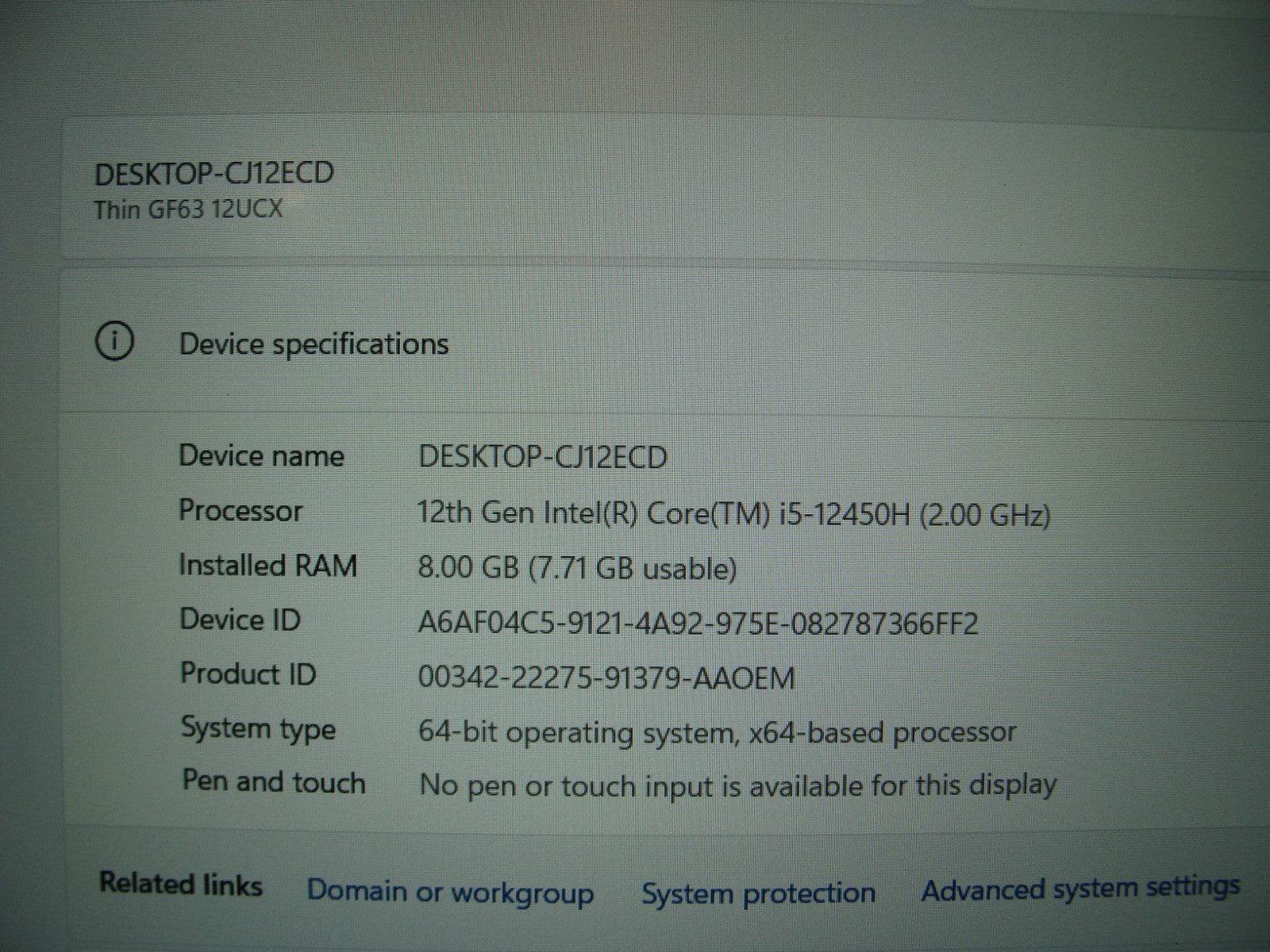 MSI Thin GF63 15.6'' FHD 144hz i5-12450H 2.0GHz 8GB 1TB SSD RTX 2050 Battery 99% - Tested Computer Laptop Parts