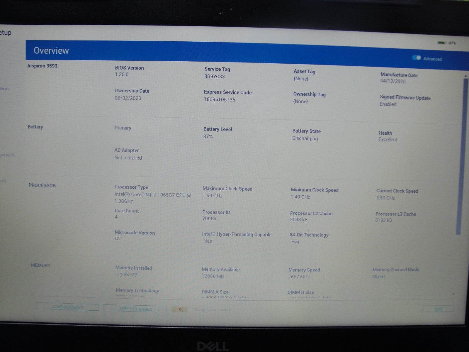 Dell Inspiron 3593 15.6” TOUCH FHD Core i7-1065G7 1.3GHz 12GB 1TB HDD + Charger - Tested Computer Laptop Parts