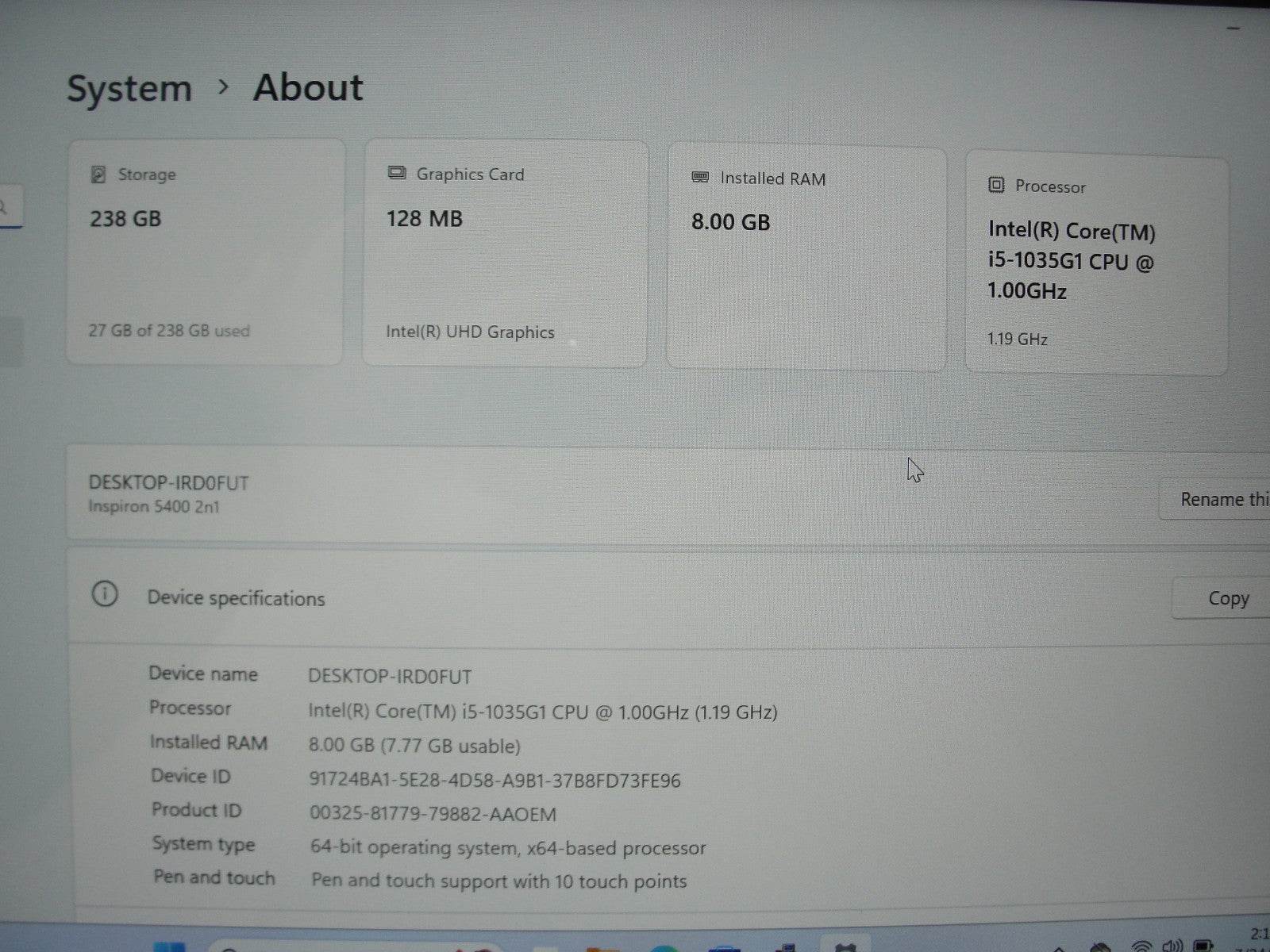 Dell Inspiron 5400 2n1 14”FHD TOUCH Intel Core i5-1035G1 1GHz 8GB SSD Reset256GB - Tested Computer Laptop Parts