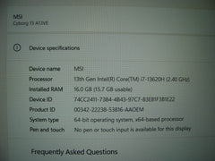 MSI Cyborg 15 A13 15.6'' FHD 144hz i7-13620H 2.4GHz 16GB 512GB RTX4050 Batt 81% - Tested Computer Laptop Parts