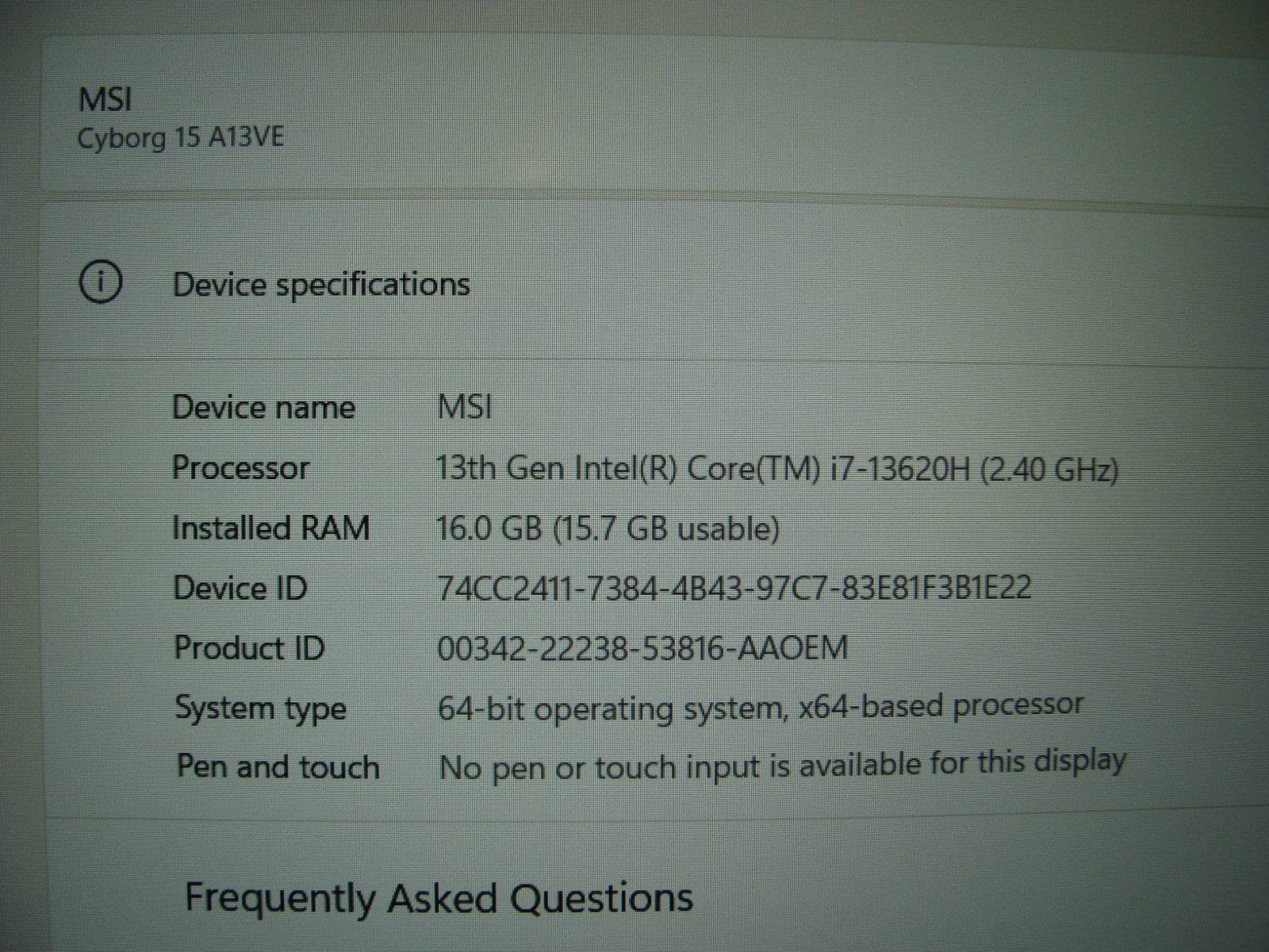 MSI Cyborg 15 A13 15.6'' FHD 144hz i7-13620H 2.4GHz 16GB 512GB RTX4050 Batt 81% - Tested Computer Laptop Parts