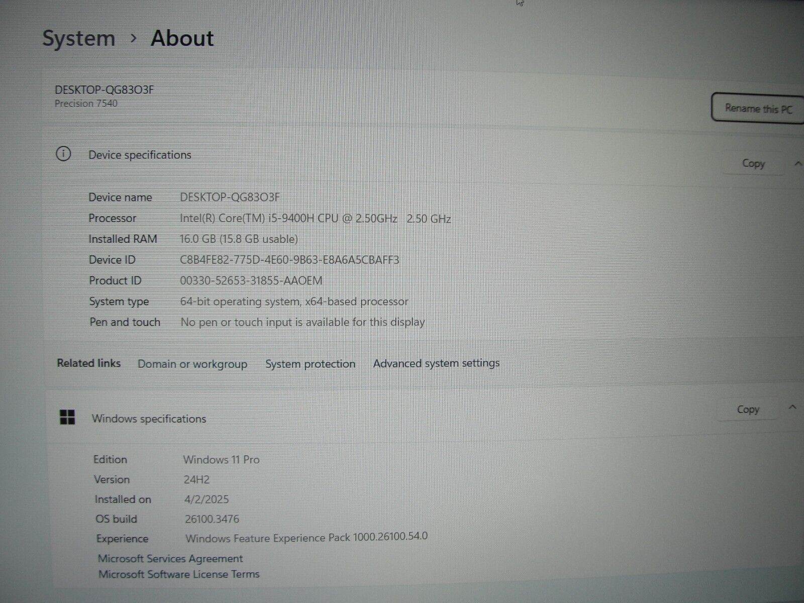 Dell Precision 7540 15” FHD i5-9400H 2.5GHz 16GB SSD 256GB NVIDIA Quadro T1000 - Tested Computer Laptop Parts