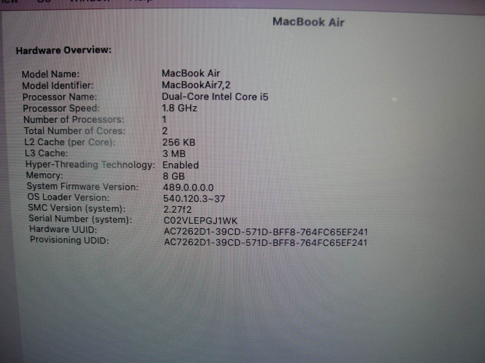 Apple Macbook Air A1466 (2017)13”HD Intel Core i5-5350U 1.8GHz 8GB 128GB SSD - Tested Computer Laptop Parts