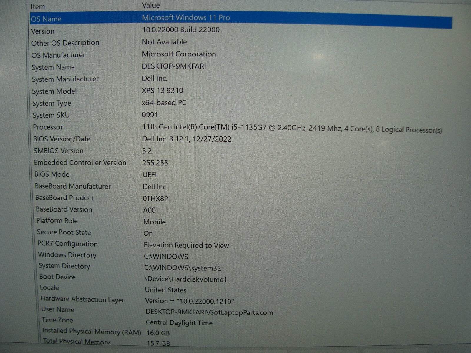 Dell XPS 13 9310 Laptop FHD+ Intel i5-1135G7 2.4GHz 16GB 256GB EXCELLENT BATTERY - Tested Computer Laptop Parts