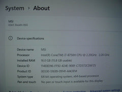 MSI GS65 Stealth 8SG 15.6''FHD 144hz i7-8750H 2.2GHz 16GB 256GB SSD RTX 2080 - Tested Computer Laptop Parts