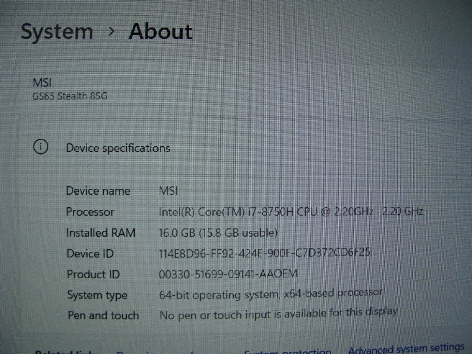 MSI GS65 Stealth 8SG 15.6''FHD 144hz i7-8750H 2.2GHz 16GB 256GB SSD RTX 2080 - Tested Computer Laptop Parts