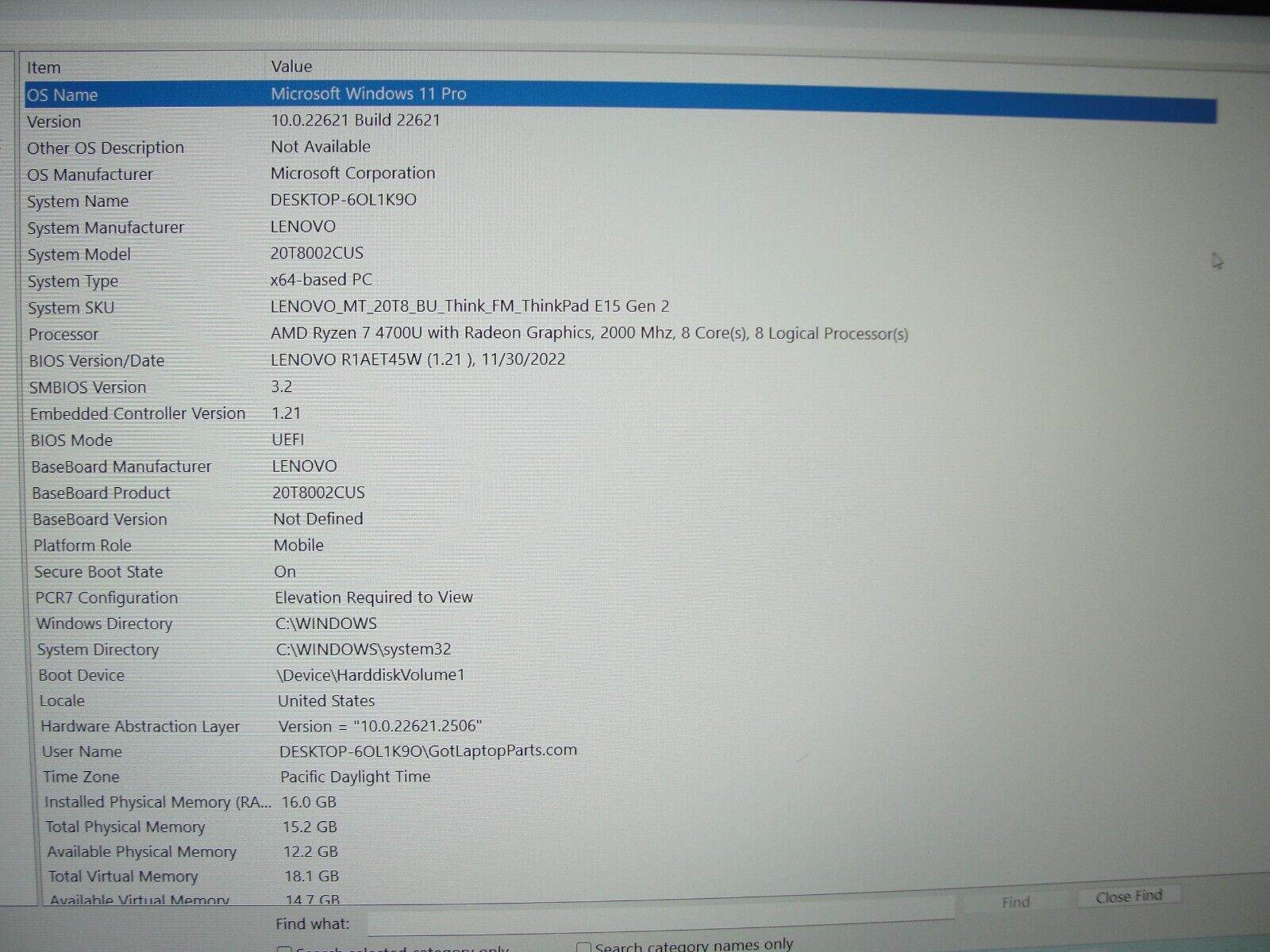 Lenovo ThinkPad E15 Gen 2 15.6” FHD AMD RYZEN 7 4700U 2GHz 16GB 256GB SSD - Tested Computer Laptop Parts