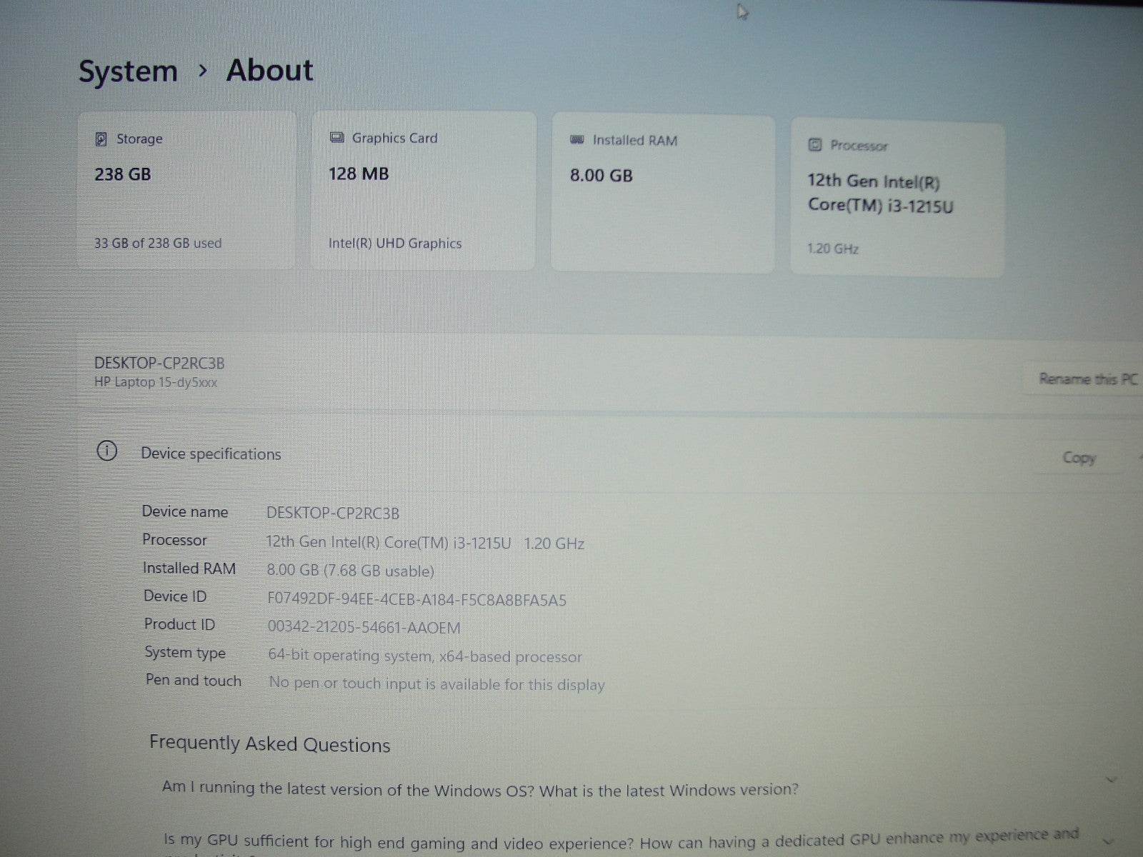 HP 15-DY5023ST 15.6”FHD Intel Core i3-1215U 1.2GHz 8GB SSD Reset 256GB+ Charger - Tested Computer Laptop Parts