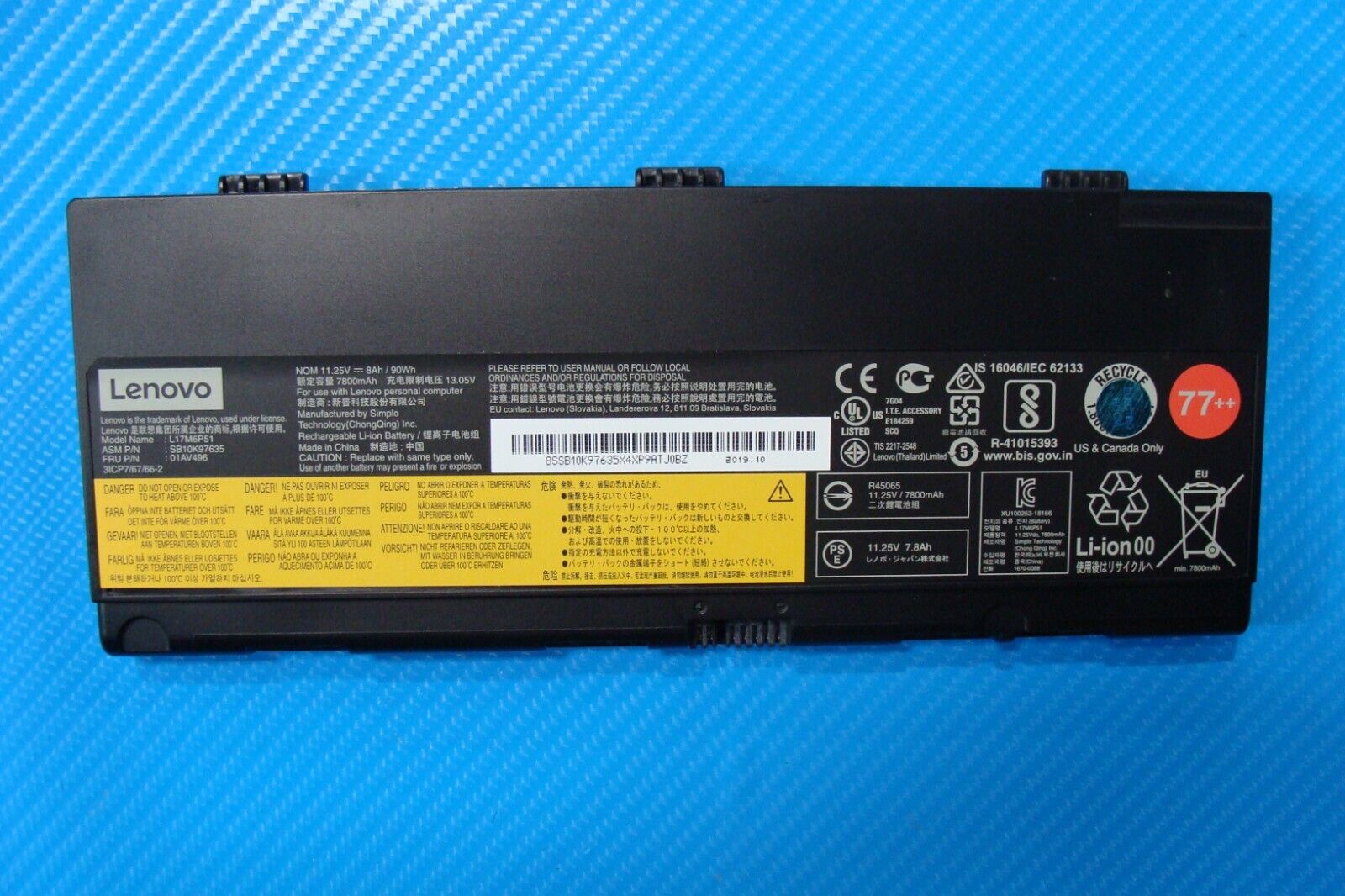Lenovo ThinkPad 15.6” P52 Genuine Battery 11.25V 90Wh 7800mAh L17M6P51 01AV496