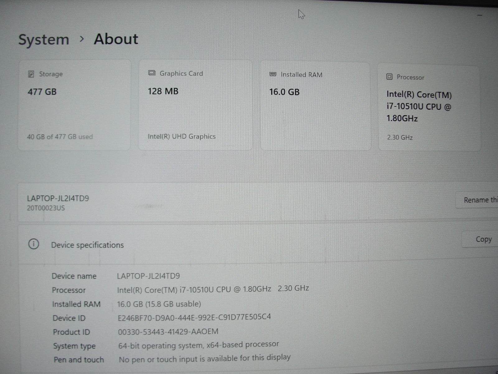 Lenovo ThinkPad T14s Gen 1 14”FHD Core i7-10510U 1.8GHz 8GB SSD Reset 512GB - Tested Computer Laptop Parts