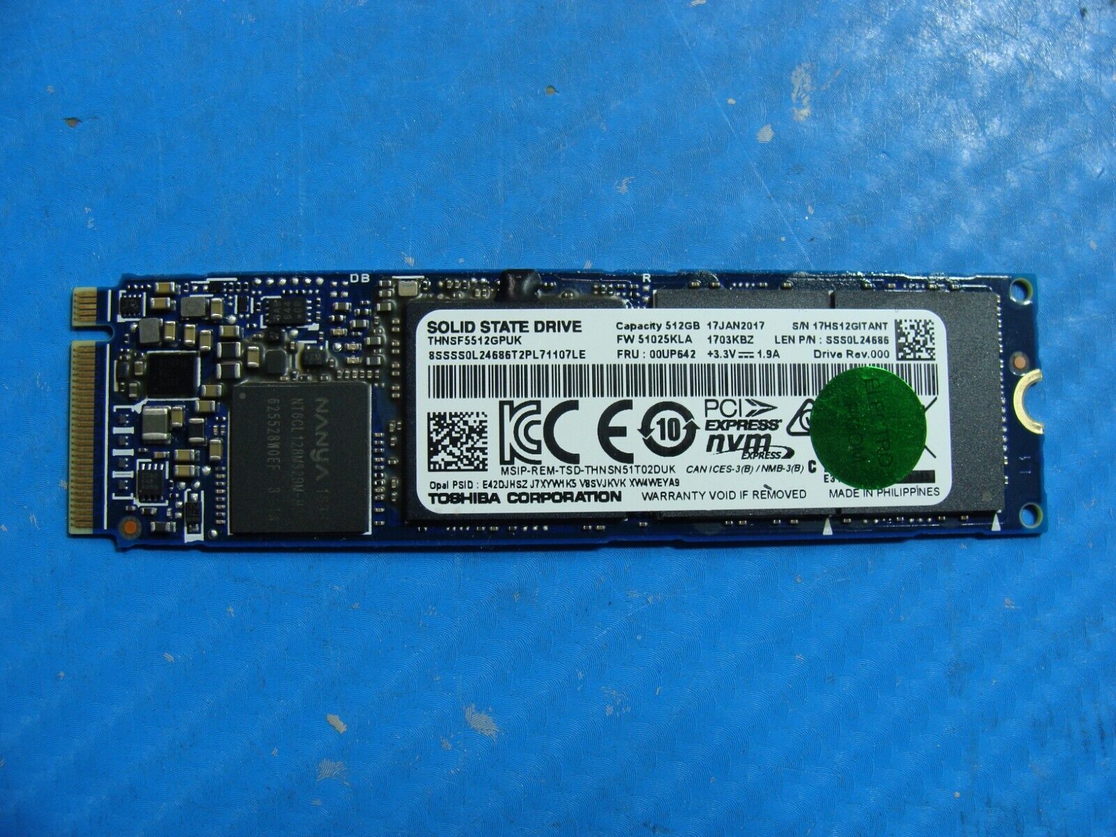 Lenovo T470s Toshiba 512B NVMe M.2 SSD Solid State Drive THNSF5512GPUK 00UP642
