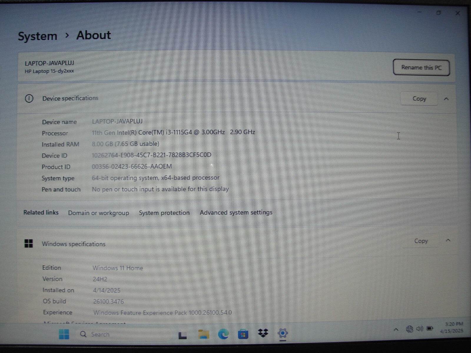 HP 15-DY2091WM 15.6” HD Intel Core i3-1115G4 3GHz 8GB 256GB SSD Original Charger - Tested Computer Laptop Parts