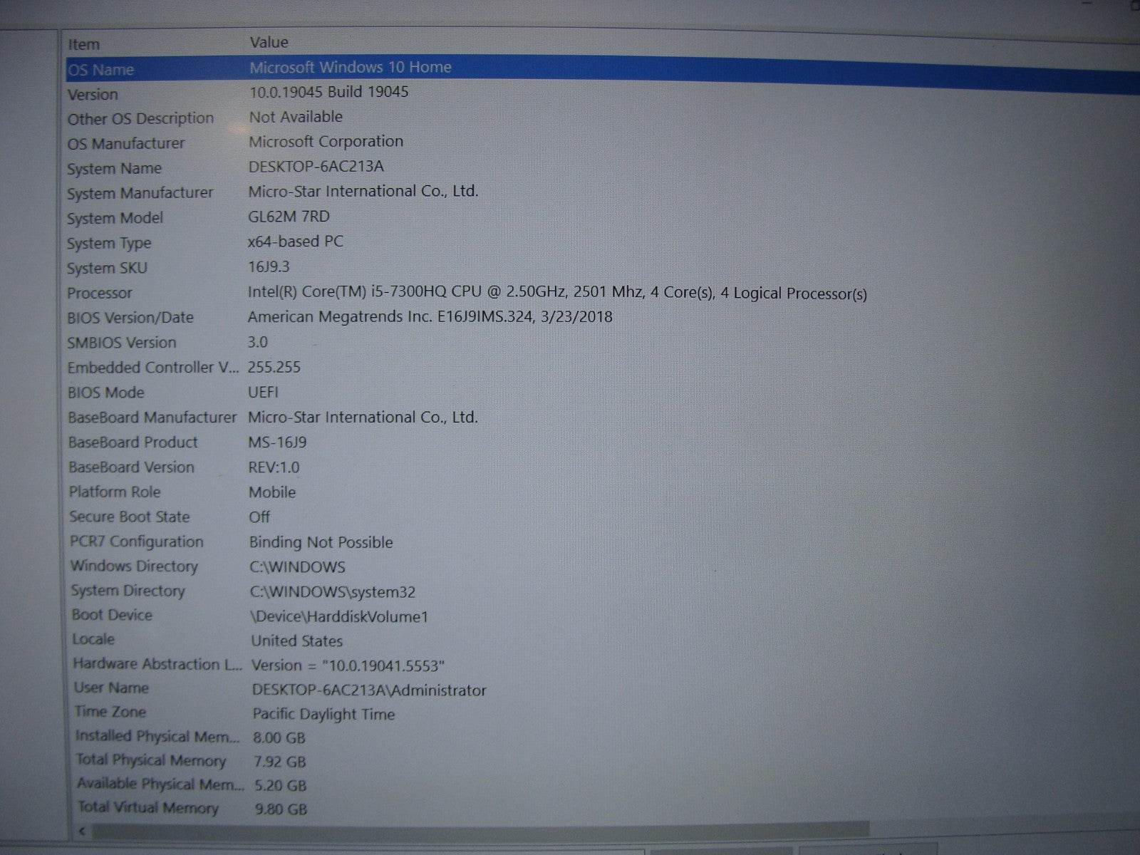 MSI GL62M 7RD 15.6'' FHD core i5-7300HQ 2.5GHz 8GB 256GB GTX 1050 Battery 91% - Tested Computer Laptop Parts