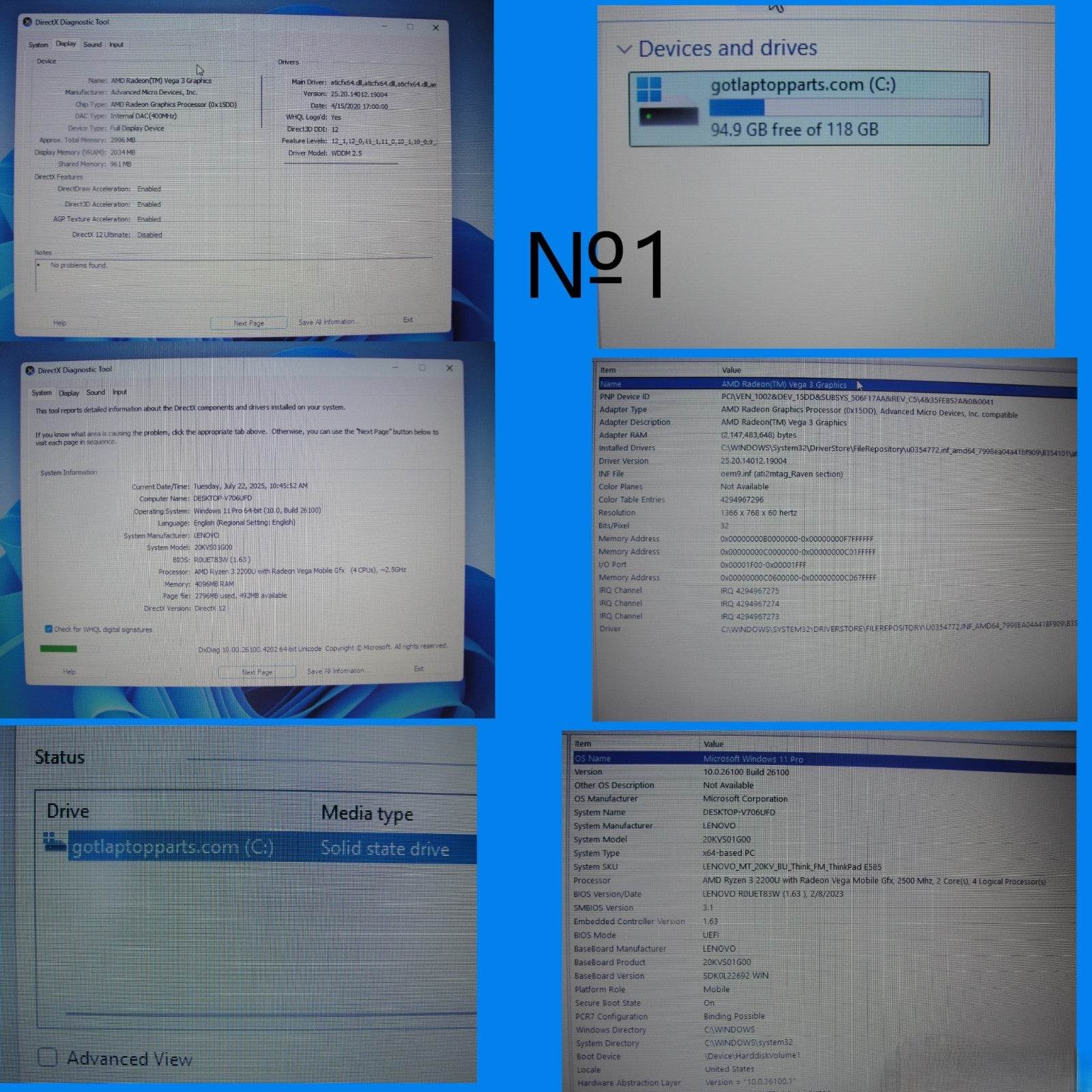 Lenovo ThinkPad E585 15.6” HD AMD Ryzen 3 2200U 2.5GHz 4GB SSD Reset 128GB - Tested Computer Laptop Parts