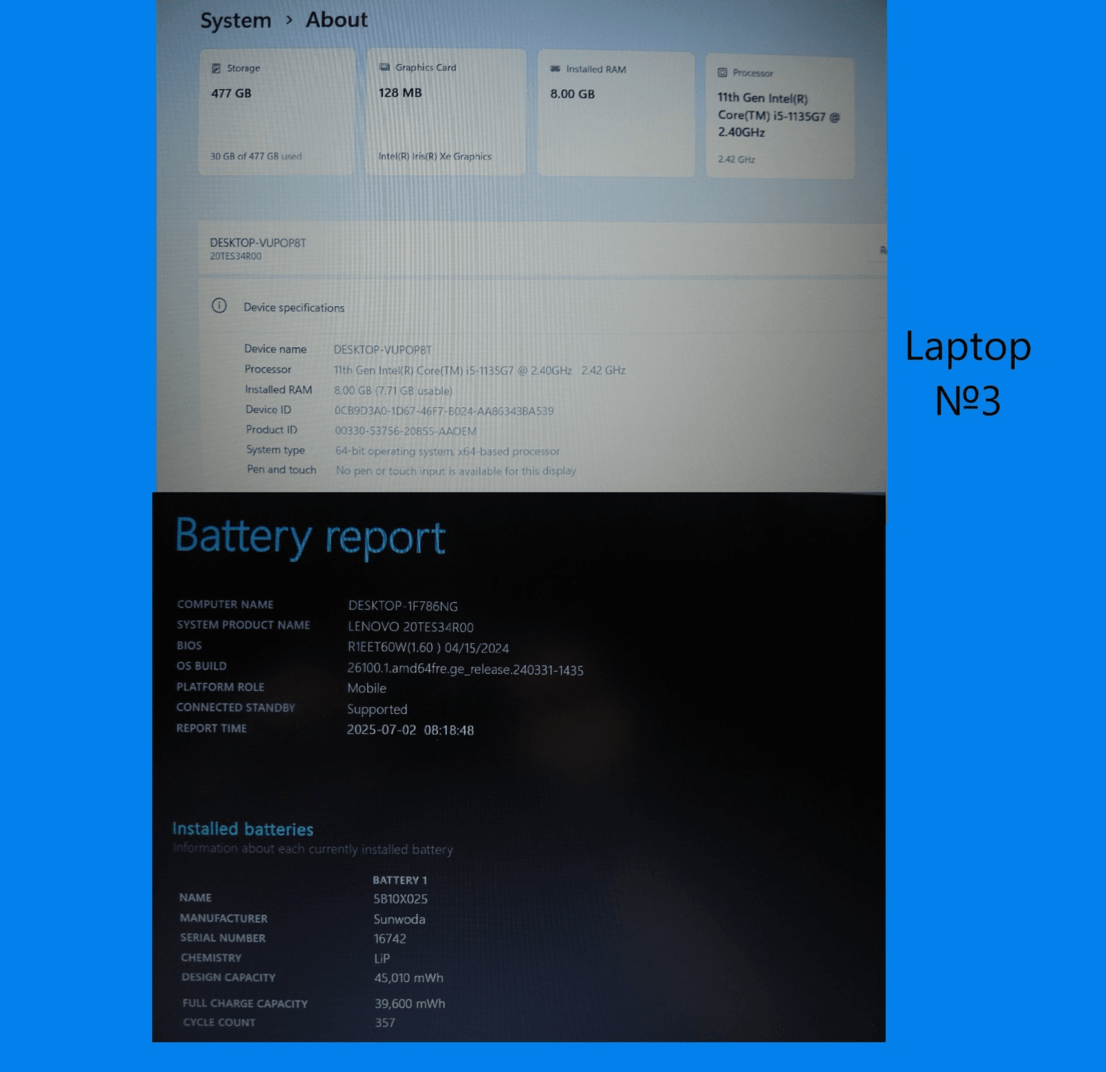 Lenovo ThinkPad E15 Gen 2 15.6”FHD Core i5-1135G7 2.4GHz 8GB SSD Reset 512GB - Tested Computer Laptop Parts