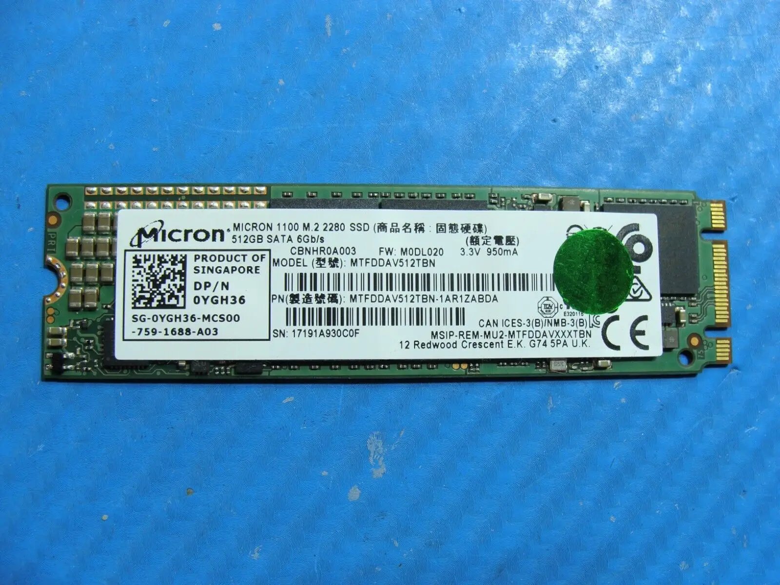 Dell 7480 Micron 512GB SATA M.2 SSD Solid State Drive MTFDDAV512TBN-1AR1ZABDA