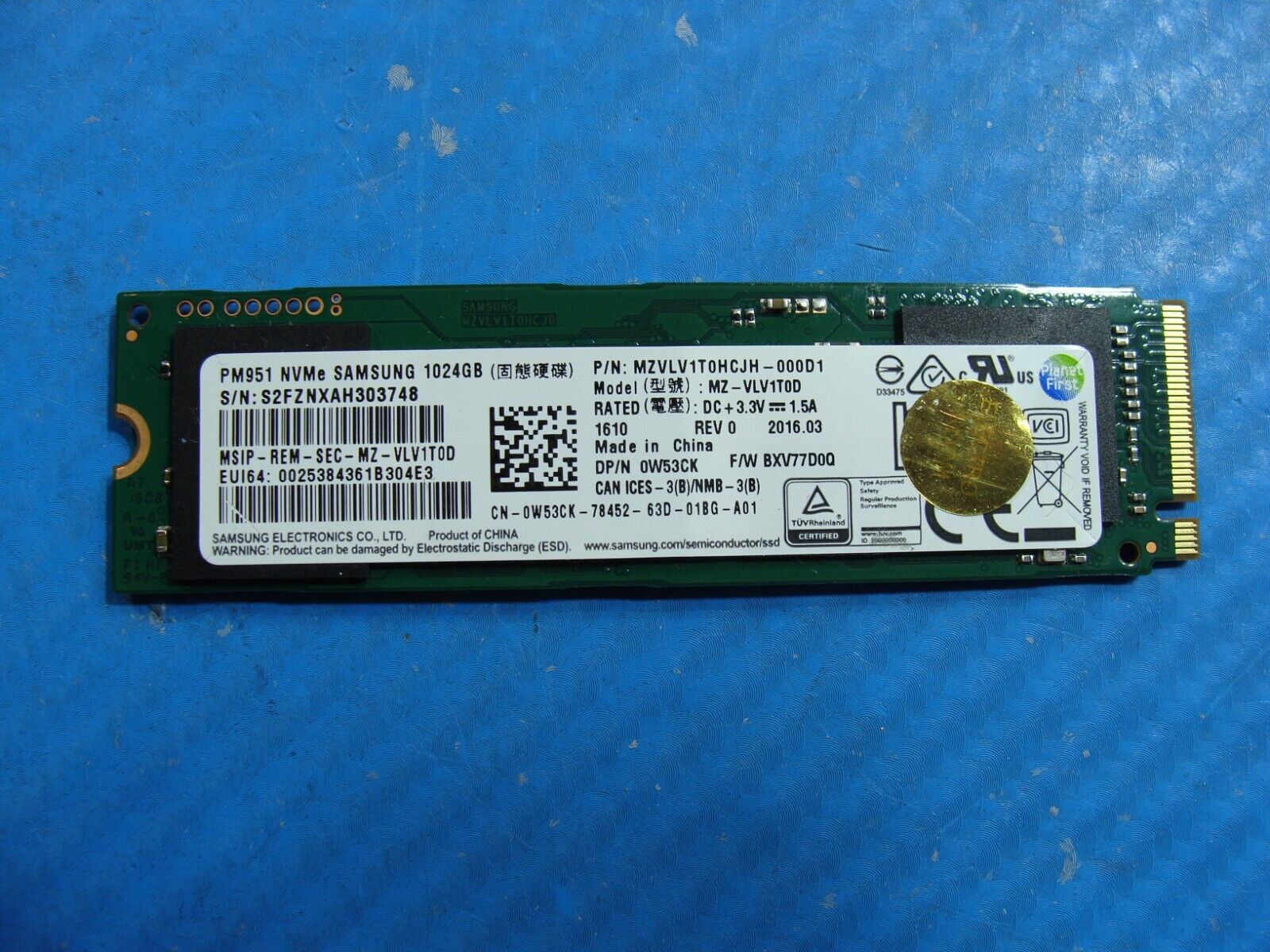 Dell 15 9550 Samsung 1TB M.2 NVMe SSD Solid State Drive MZVLV1T0HCJH-000D1 W53CK
