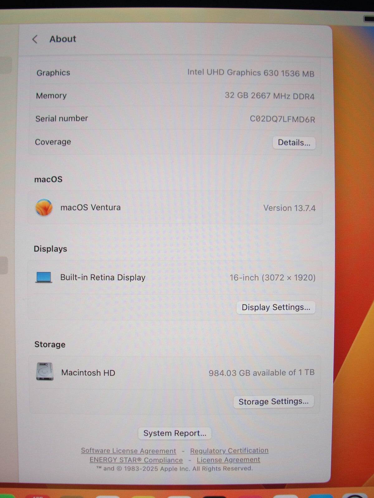 Apple Macbook Pro A 2141 MVVL2LL/A (2019)16”Retina i7-9750H 2.6GHz 32GB SSD 1TB - Tested Computer Laptop Parts