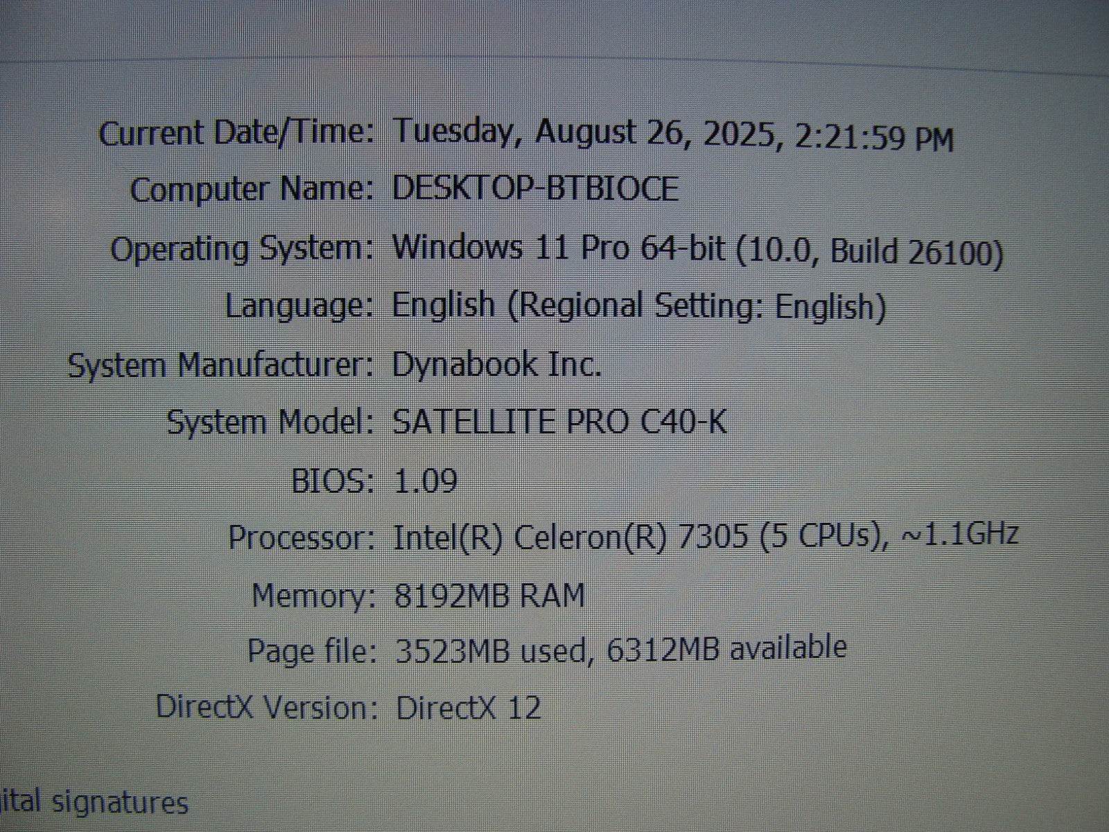 DynaBook Satellite Pro C40-K Intel Celeron 7305 1.1Ghz 8GB 256GB 100% Battery - Tested Computer Laptop Parts