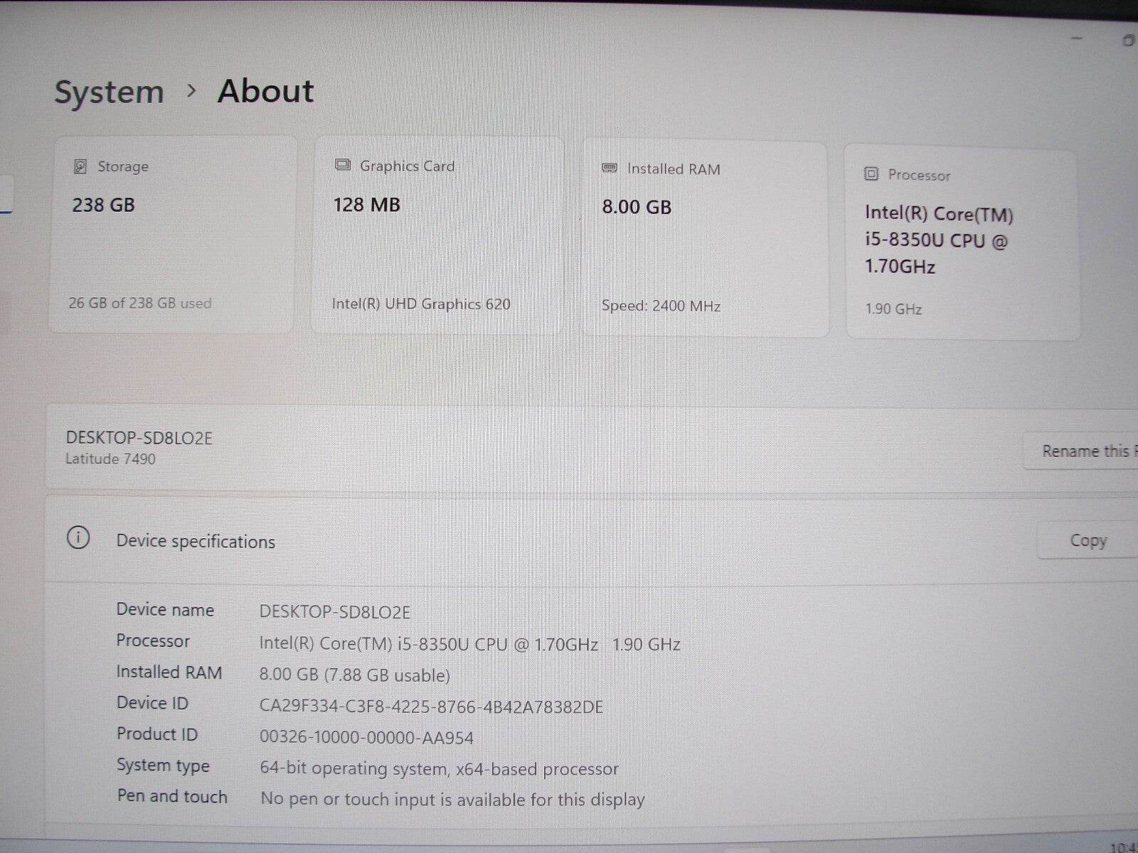 Dell Latitude 7490 14”FHD Intel Core i5-8350U 1.7GHz 8GB 256GB SSD - Tested Computer Laptop Parts