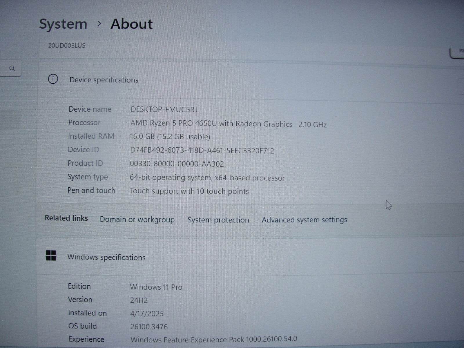 Lenovo ThinkPad T14 Gen 1 14”TOUCH FHD AMD Ryzen 5 Pro 4650U 2.1GHz 16GB 256GB - Tested Computer Laptop Parts