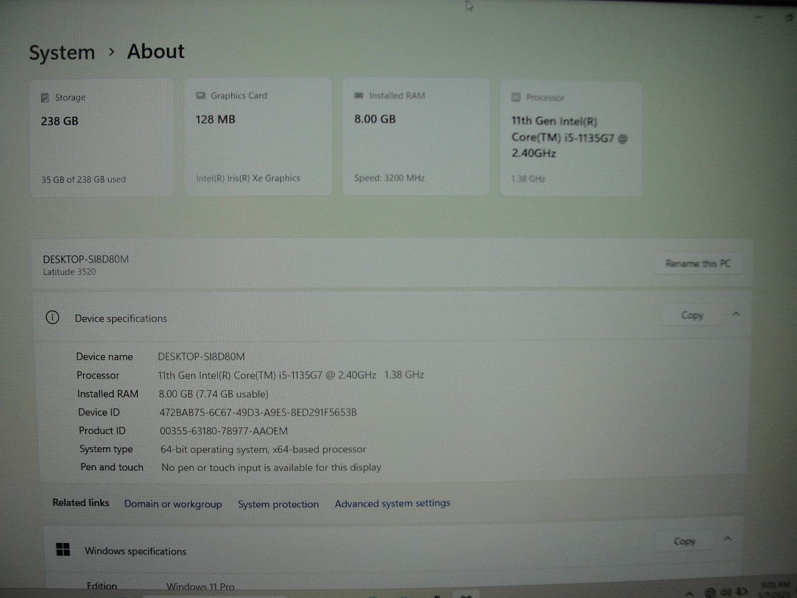 Dell Latitude 3520 15.6” FHD Intel Core i5-1135G7 2.4GHz 8GB 256GB SSD Charger - Tested Computer Laptop Parts