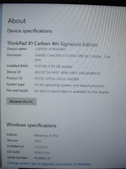 Lenovo ThinkPad X1 Carbon 4th Gen 14” FHD Core i5-6200U 2.3GHz 8GB 256GB SSD - Tested Computer Laptop Parts