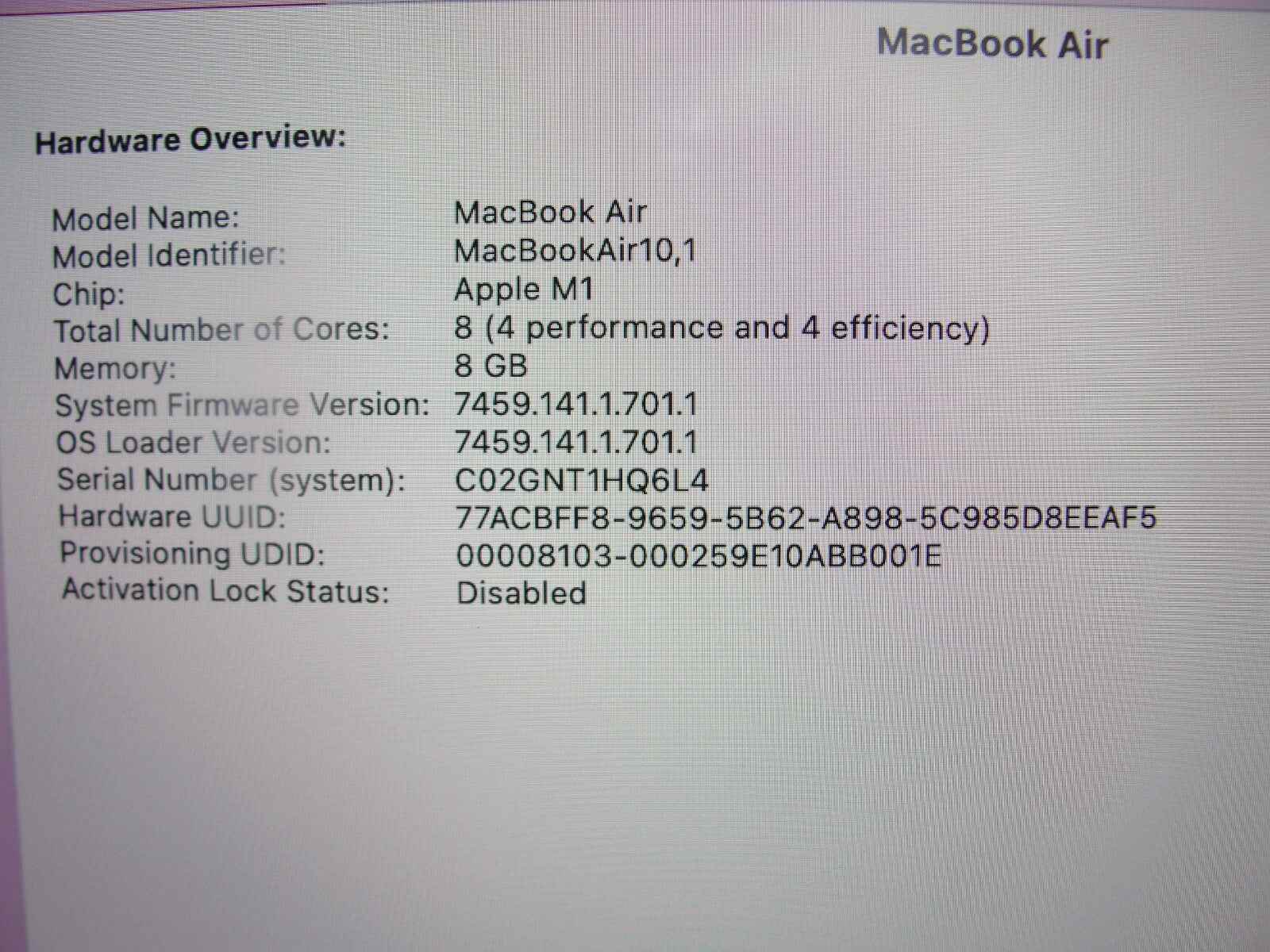 Apple Macbook Air 13” A2337(2020)/MGN63LL/A Apple M1 3.2GHz 8GB 256GB SSD - Tested Computer Laptop Parts