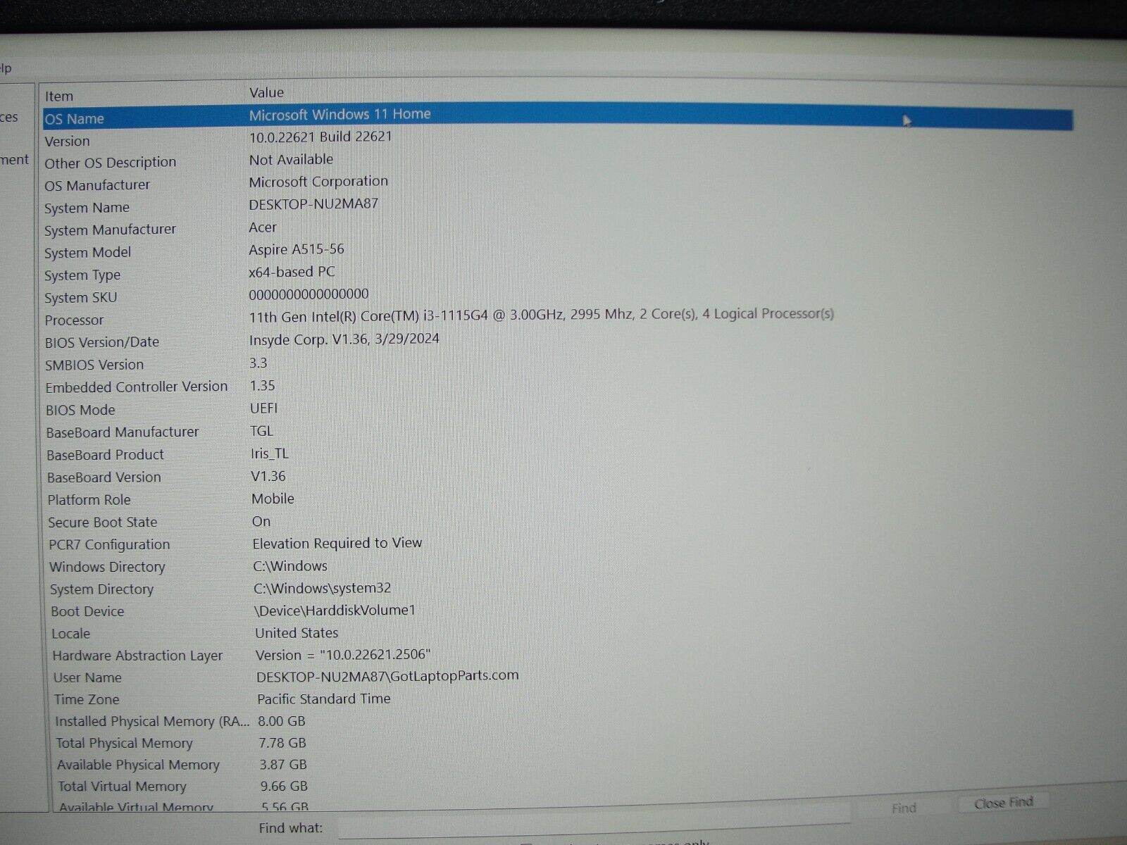 Acer Aspire 5 A515-56-32DK 15.6” FHD Core i3-1115G4 3GHz 8GB SSD Reset 128GB - Tested Computer Laptop Parts