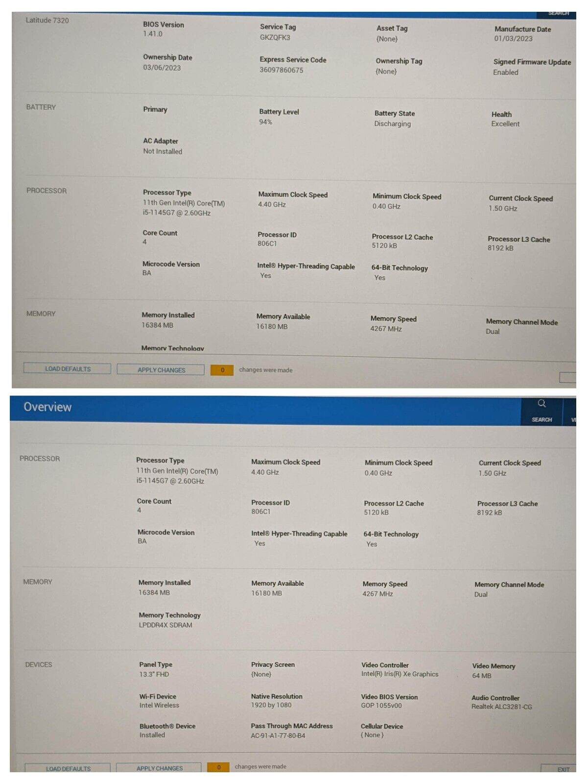 Dell Latitude 7320 i5-1145G7 2.60GHz 16GB 256GB 100%Battery Warranty-Feb/2026 - Tested Computer Laptop Parts