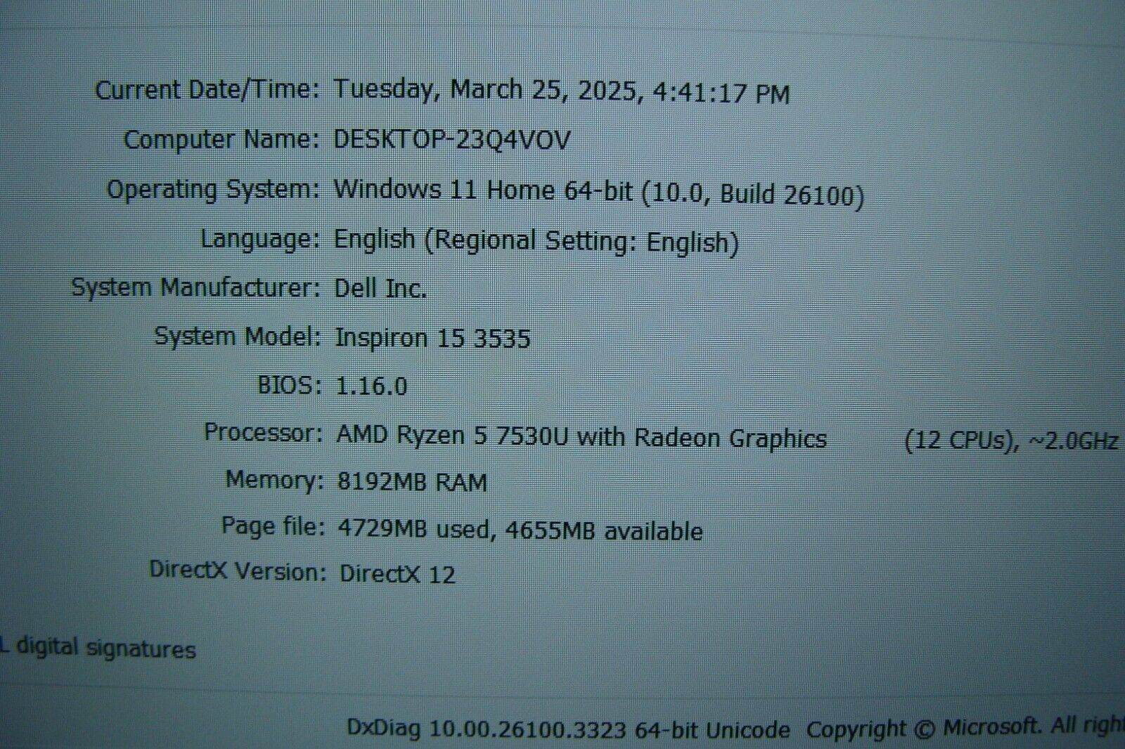 Dell Inspiron 15 3535 15.6” FHD TOUCH AMD Ryzen 5 7530U 2GHz 8GB 512GB Win11Home - Tested Computer Laptop Parts