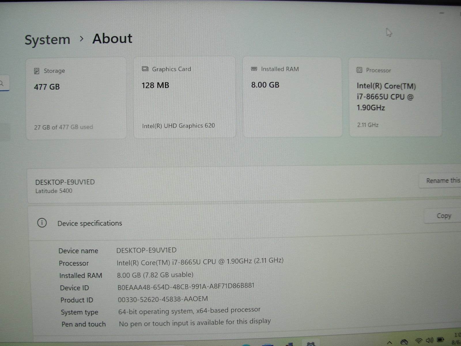 Dell Latitude 5400 14”FHD Intel Core i7-8665U 1.9GHz 16GB SSD Reset 512GB+Charge - Tested Computer Laptop Parts