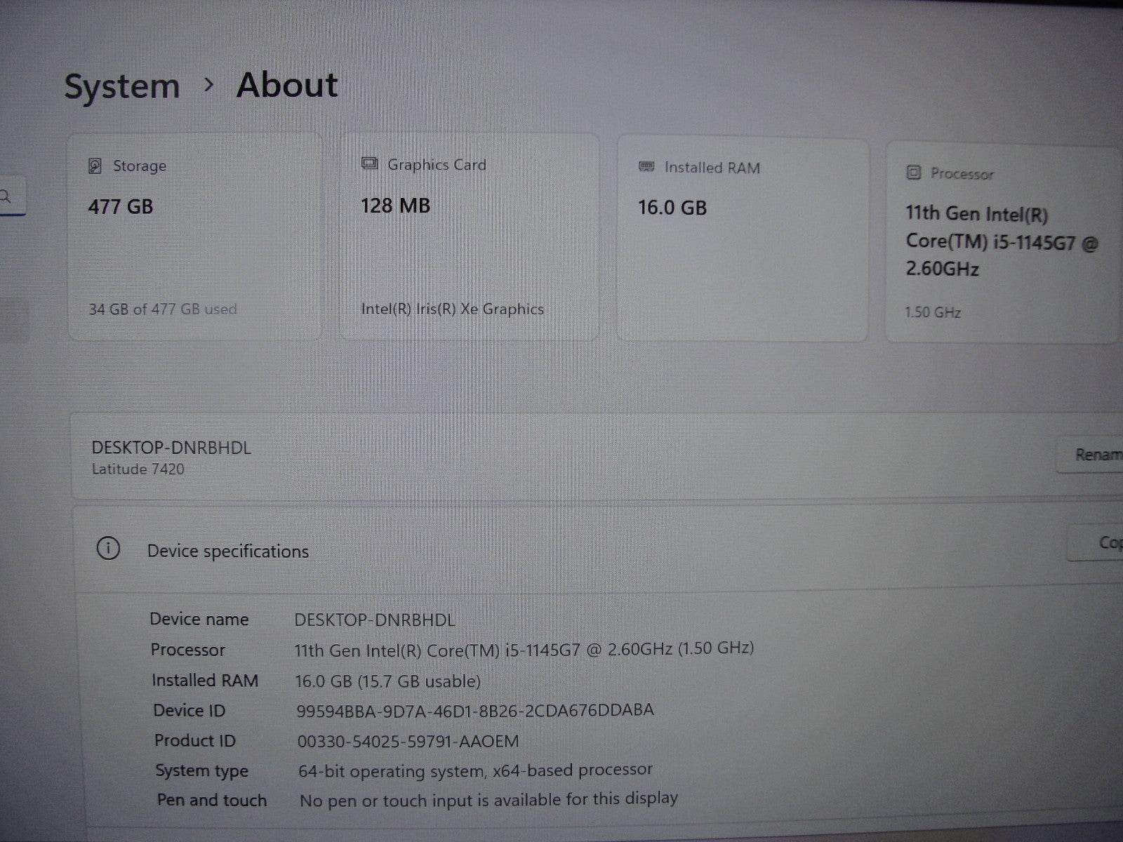 Dell Latitude 7420 14” FHD Intel Core i5-1145G7 2.6GHz 16GB 512GB SSD+ Charger - Tested Computer Laptop Parts