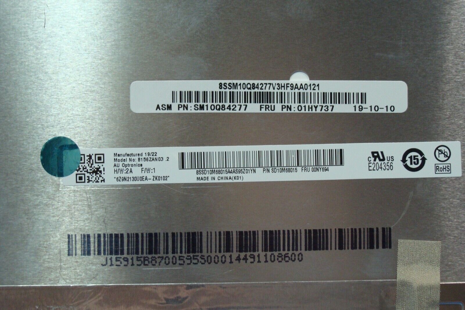 Lenovo ThinkPad 15.6” P52 4K UHD AU Optronics LCD Touch Screen B156ZAN03.2